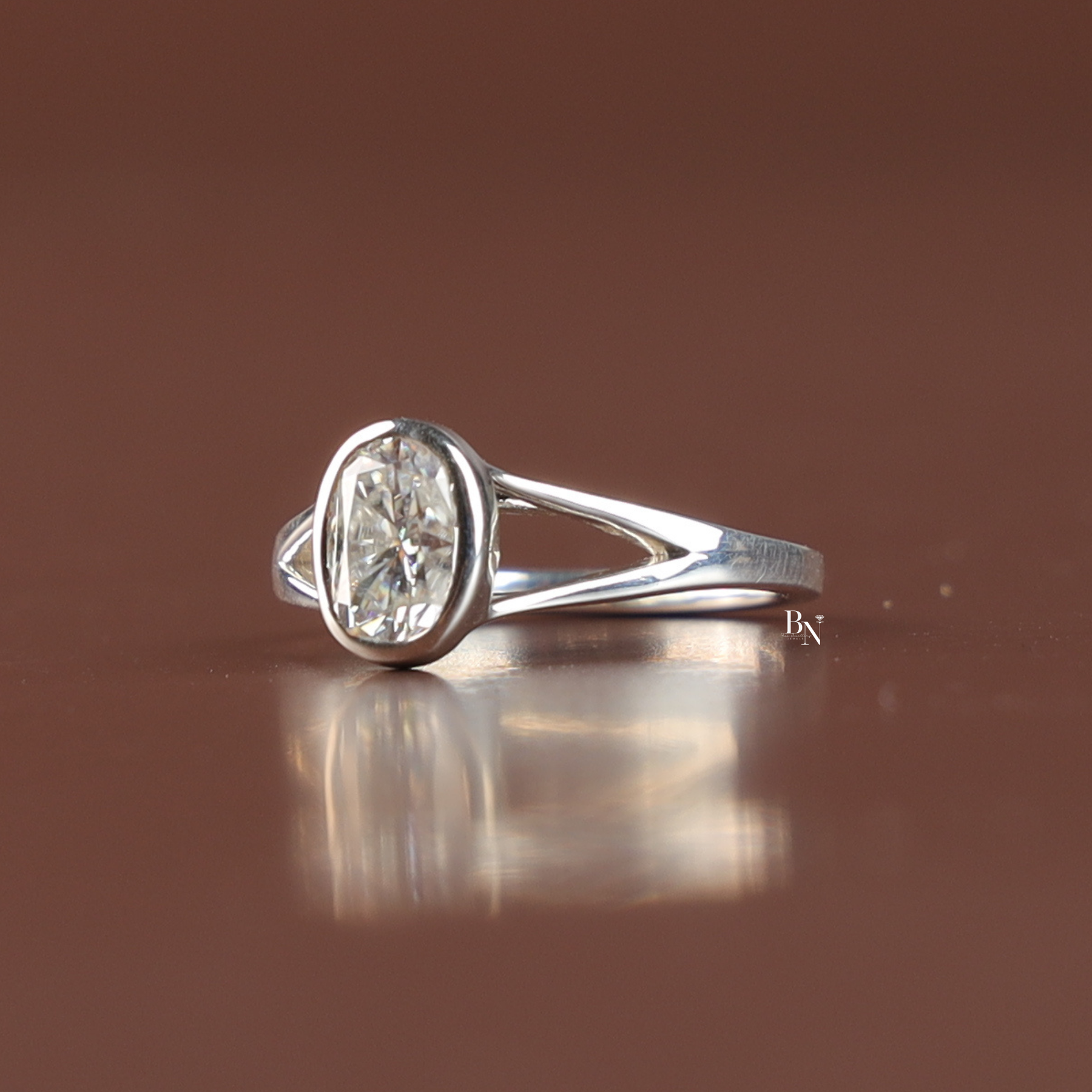1 Ct Oval Lab Diamond Engagement Ring, Bezel Set Split Shank Solitaire Ring, White Gold Tone