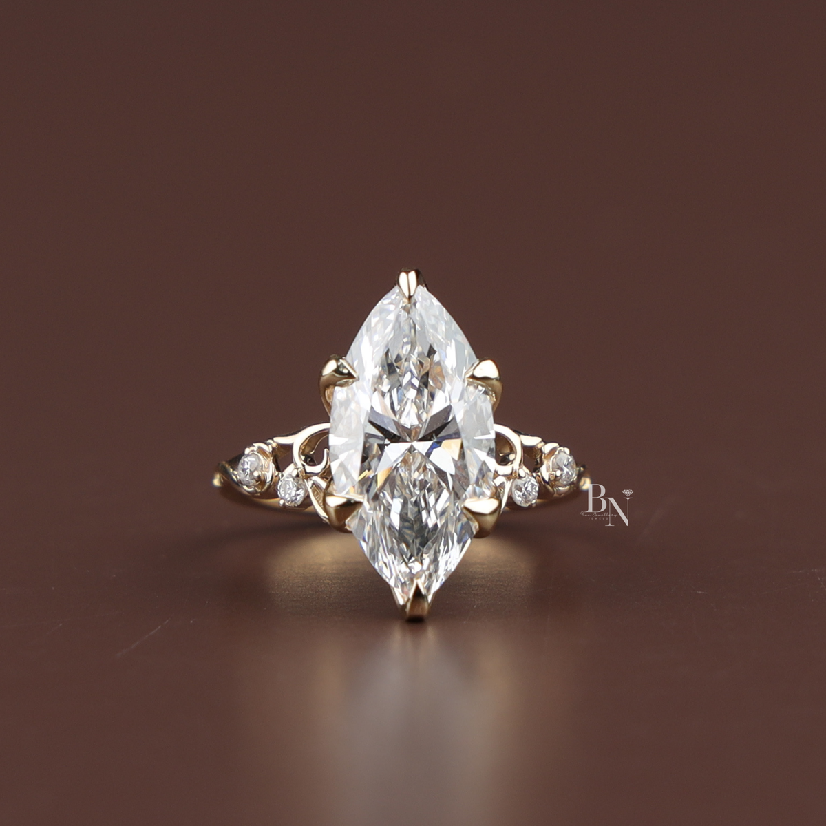 Vintage Inspired, 3ct Marquise Lab Grown Diamond Ring, Unique Yellow Gold Engagement Ring