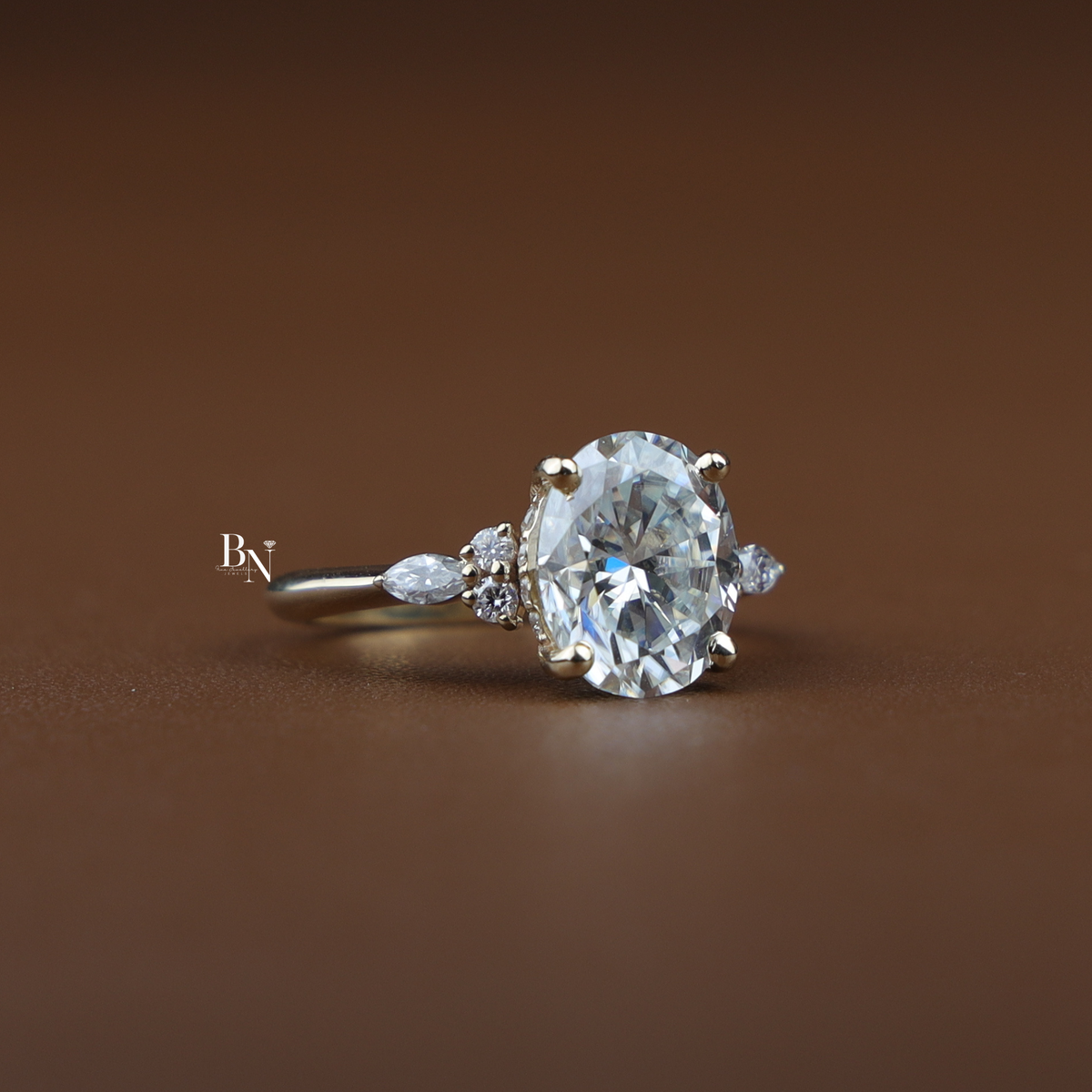 3ct Oval Lab Grown Diamond Engagement Ring, Hidden Halo Oval Ring with Side Stones, Gold Cluster