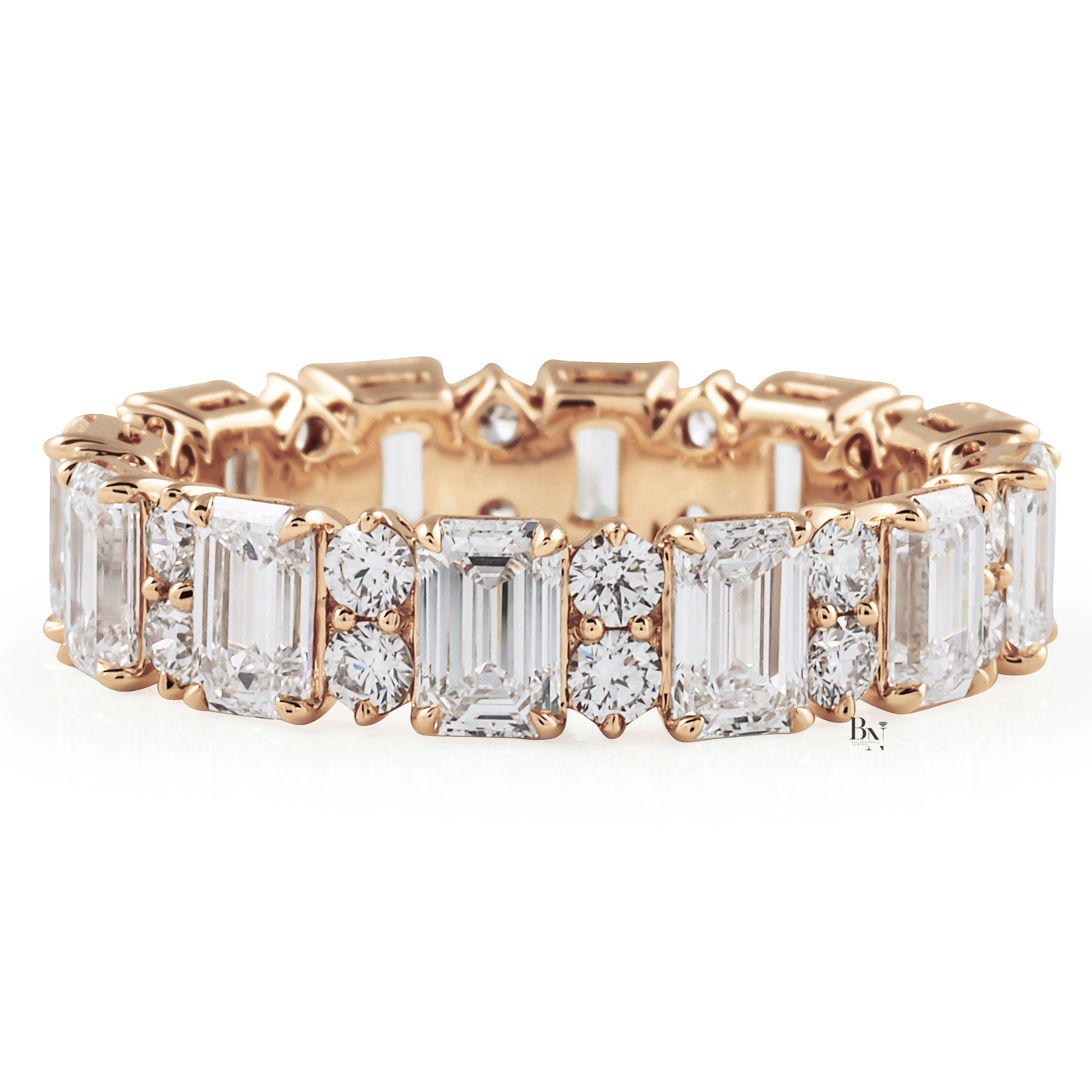 Emerald and Round Lab Grown Diamond Eternity Band, 14K Gold Alternating Cluster Wedding Ring, 3.70 CTW