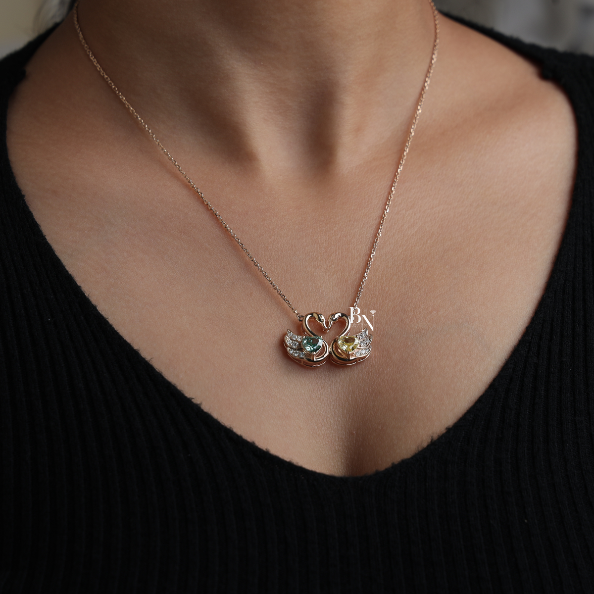 Fancy Green and Yellow Lab Grown Diamond Swan Pendant Necklace, Two Stone Heart Swan Pendant for Women