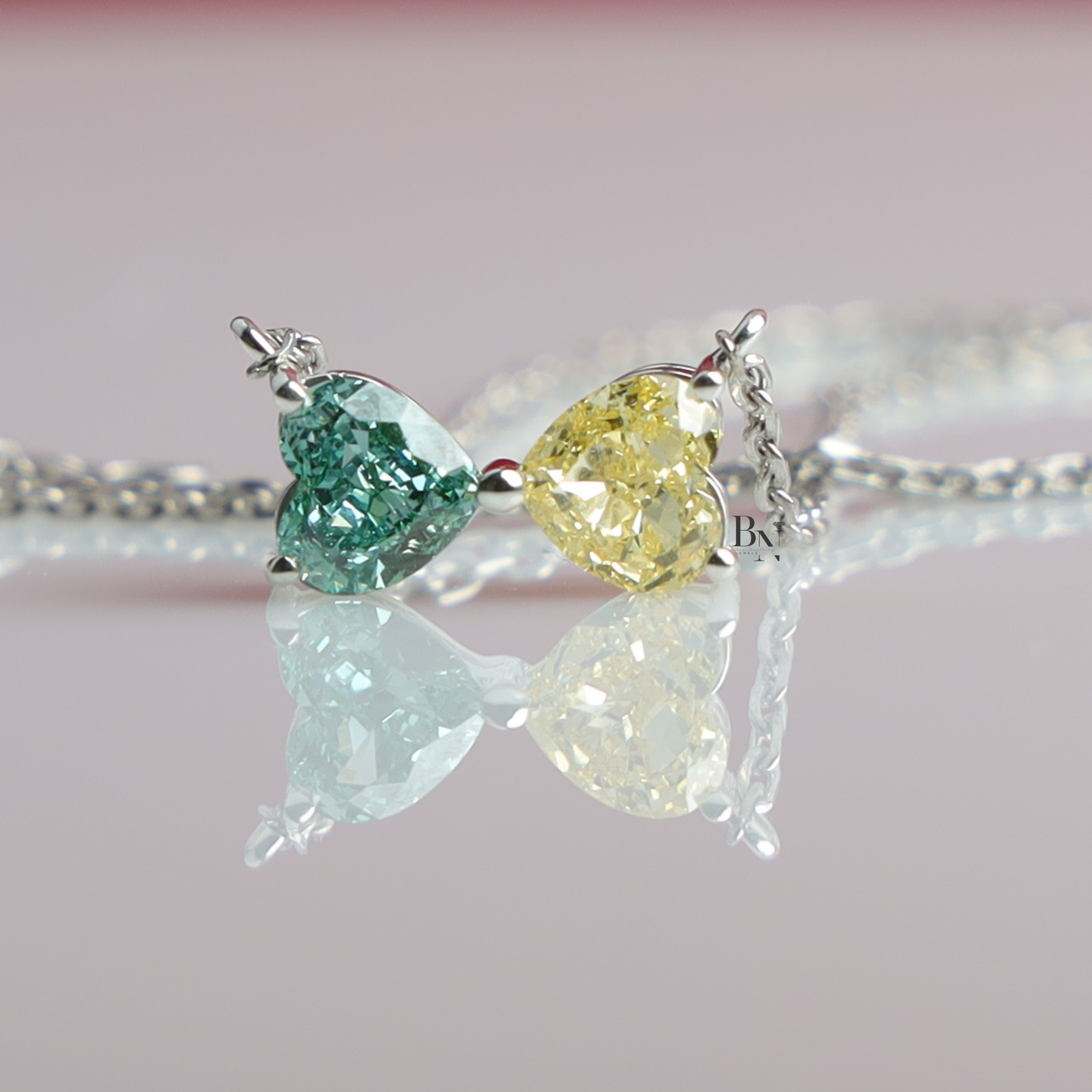 Fancy Color Lab Grown Diamond Necklace, Two Stone Heart Pendant, Green Yellow Toi et Moi Necklace White