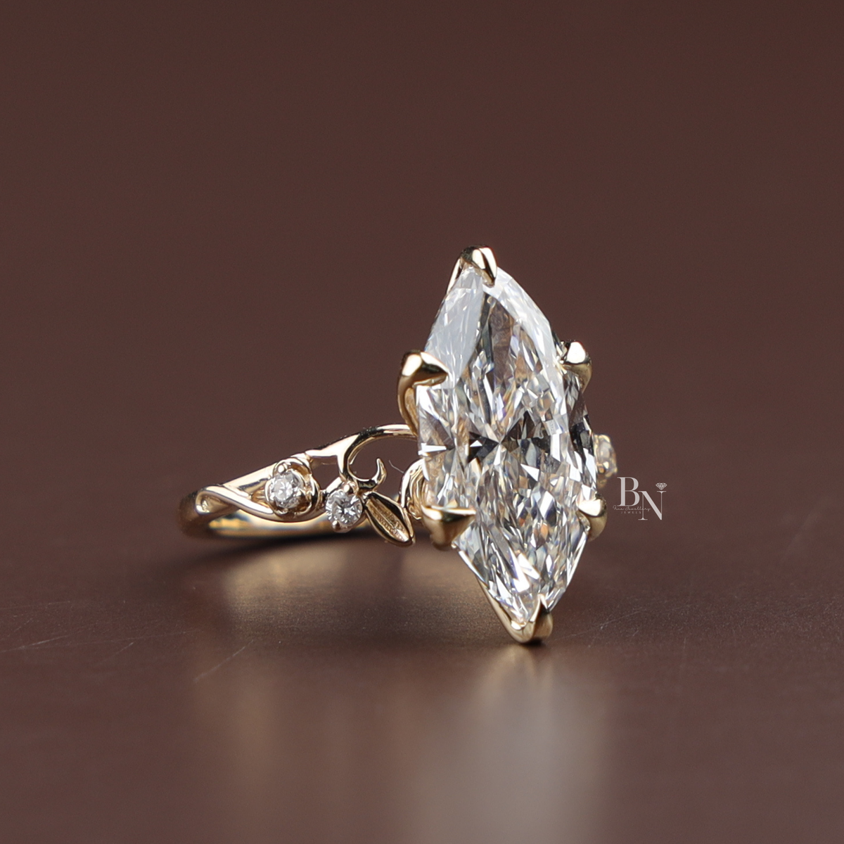 Vintage Inspired, 3ct Marquise Lab Grown Diamond Ring, Unique Yellow Gold Engagement Ring