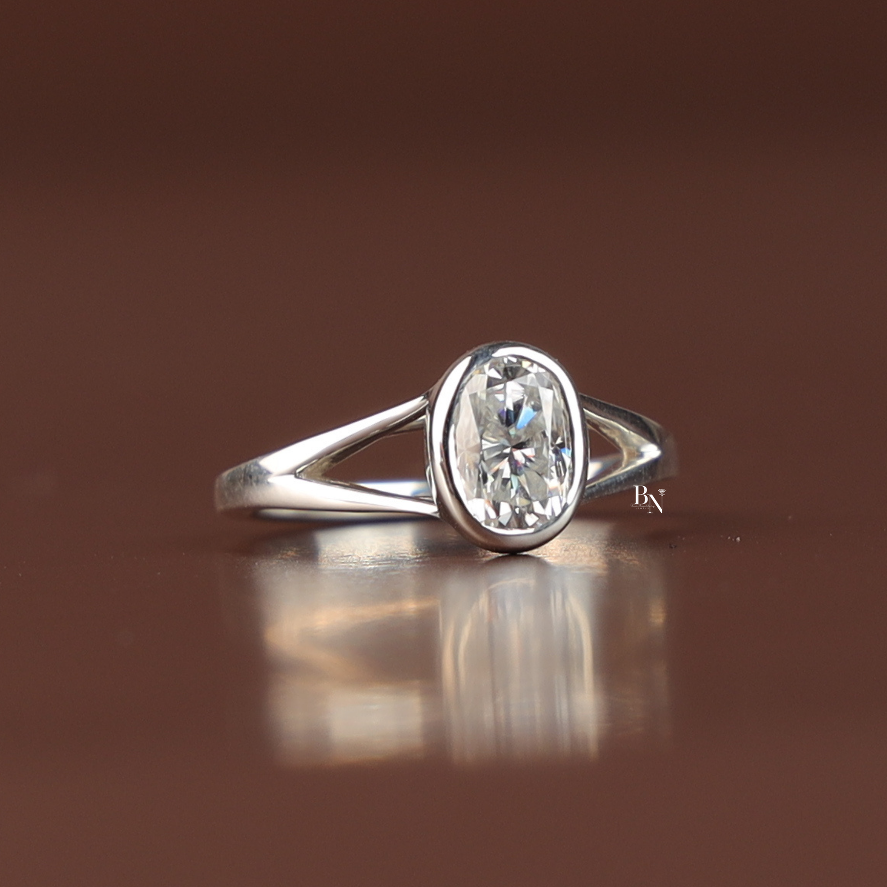 1 Ct Oval Lab Diamond Engagement Ring, Bezel Set Split Shank Solitaire Ring, White Gold Tone