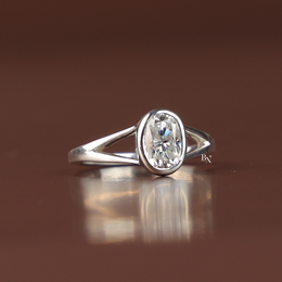 1 Ct Oval Lab Diamond Engagement Ring, Bezel Set Split Shank Solitaire Ring, White Gold Tone