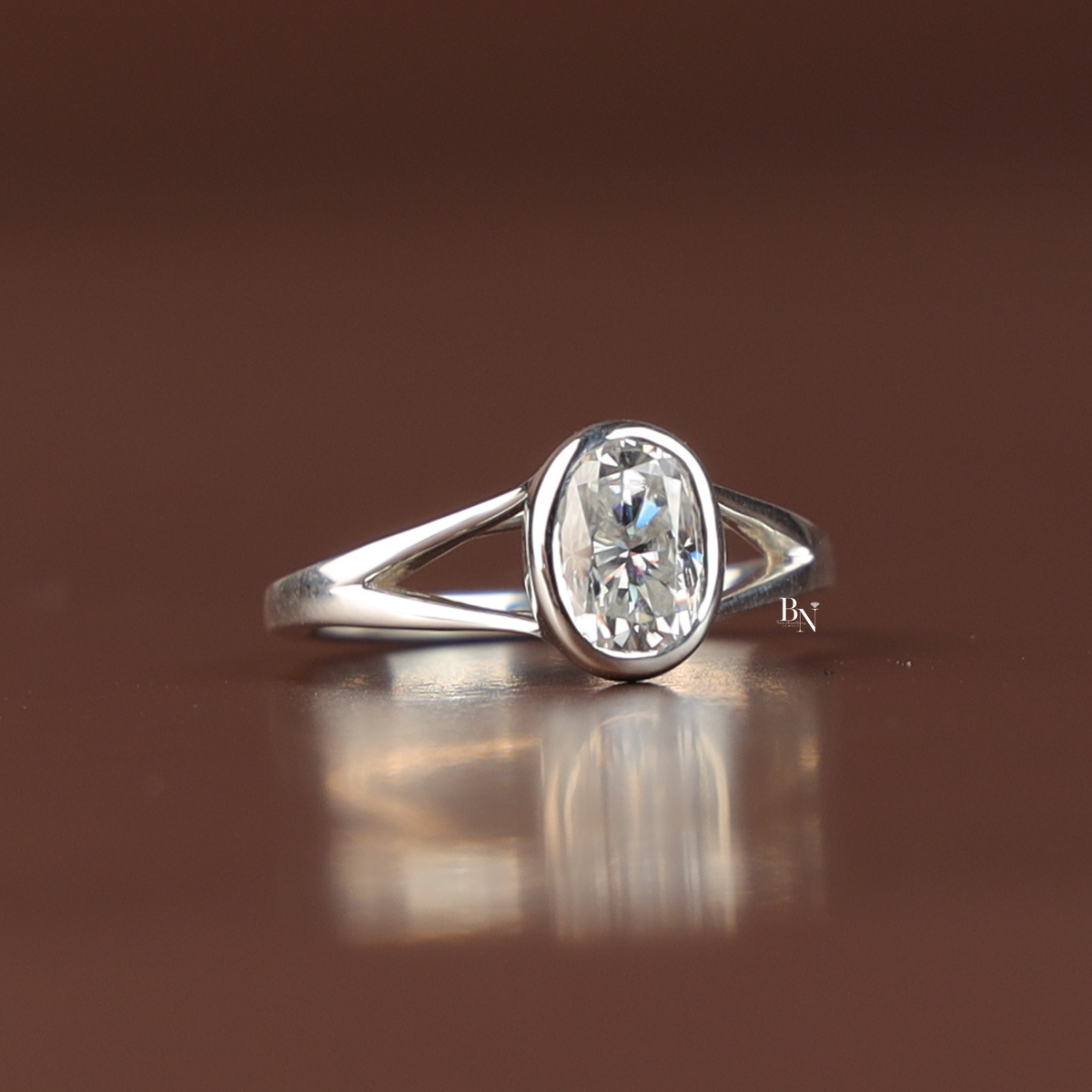 1 Ct Oval Lab Diamond Engagement Ring, Bezel Set Split Shank Solitaire Ring, White Gold Tone