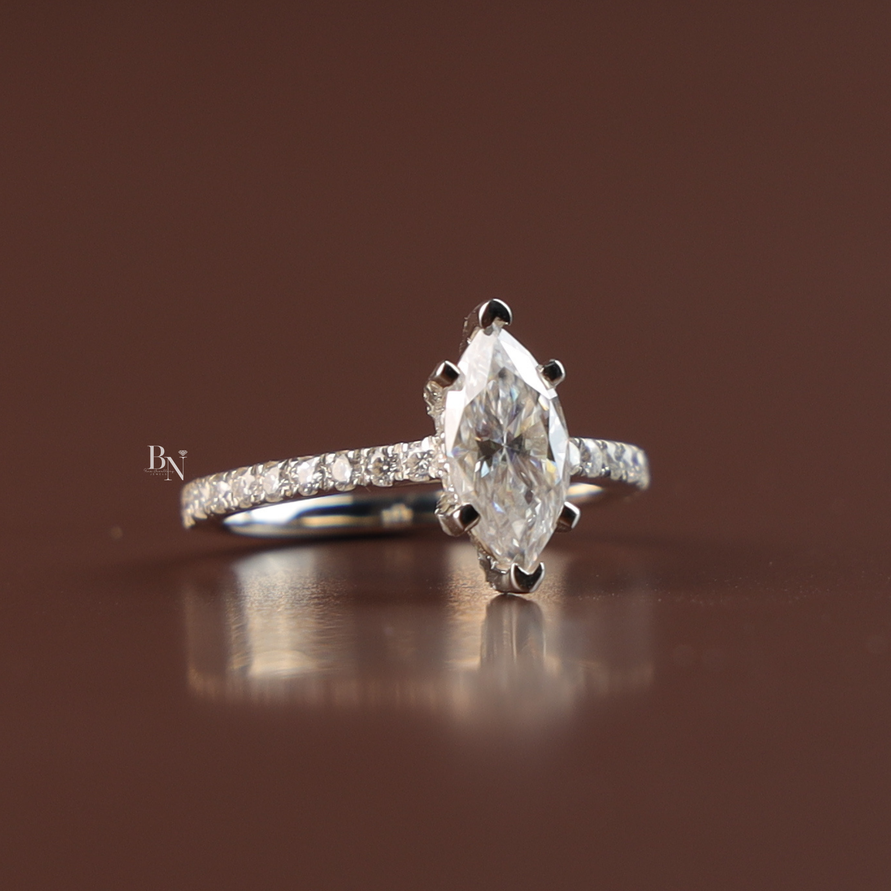 1ct Marquise Lab Diamond Engagement Ring, Hidden Halo Marquise Ring, Slender Pave Band