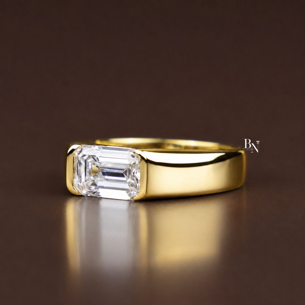 2.5ct Emerald Cut Lab Diamond Men's Ring, Bezel Set Gold Engagement Ring for Him