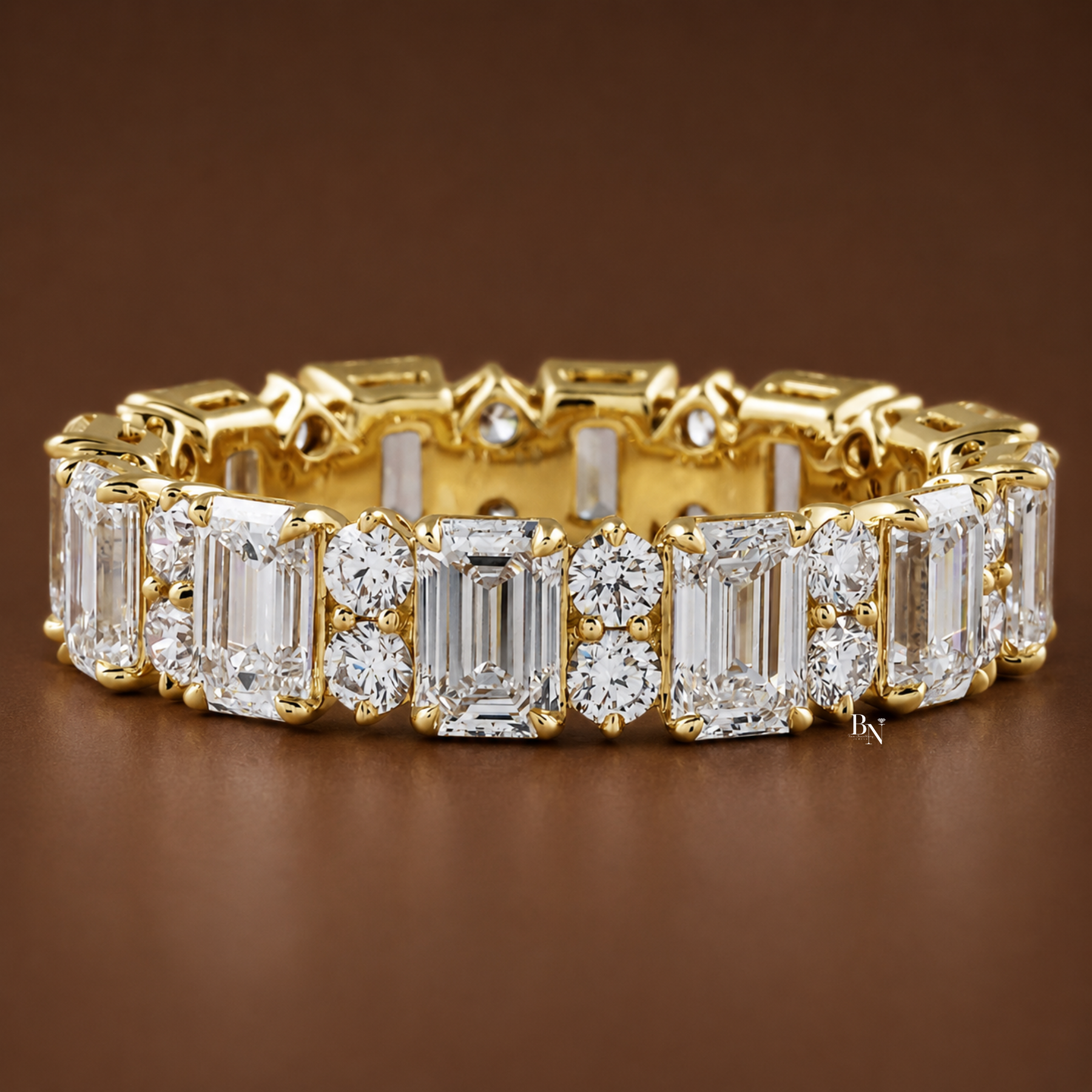 Emerald and Round Lab Grown Diamond Eternity Band, 14K Gold Alternating Cluster Wedding Ring, 3.70 CTW