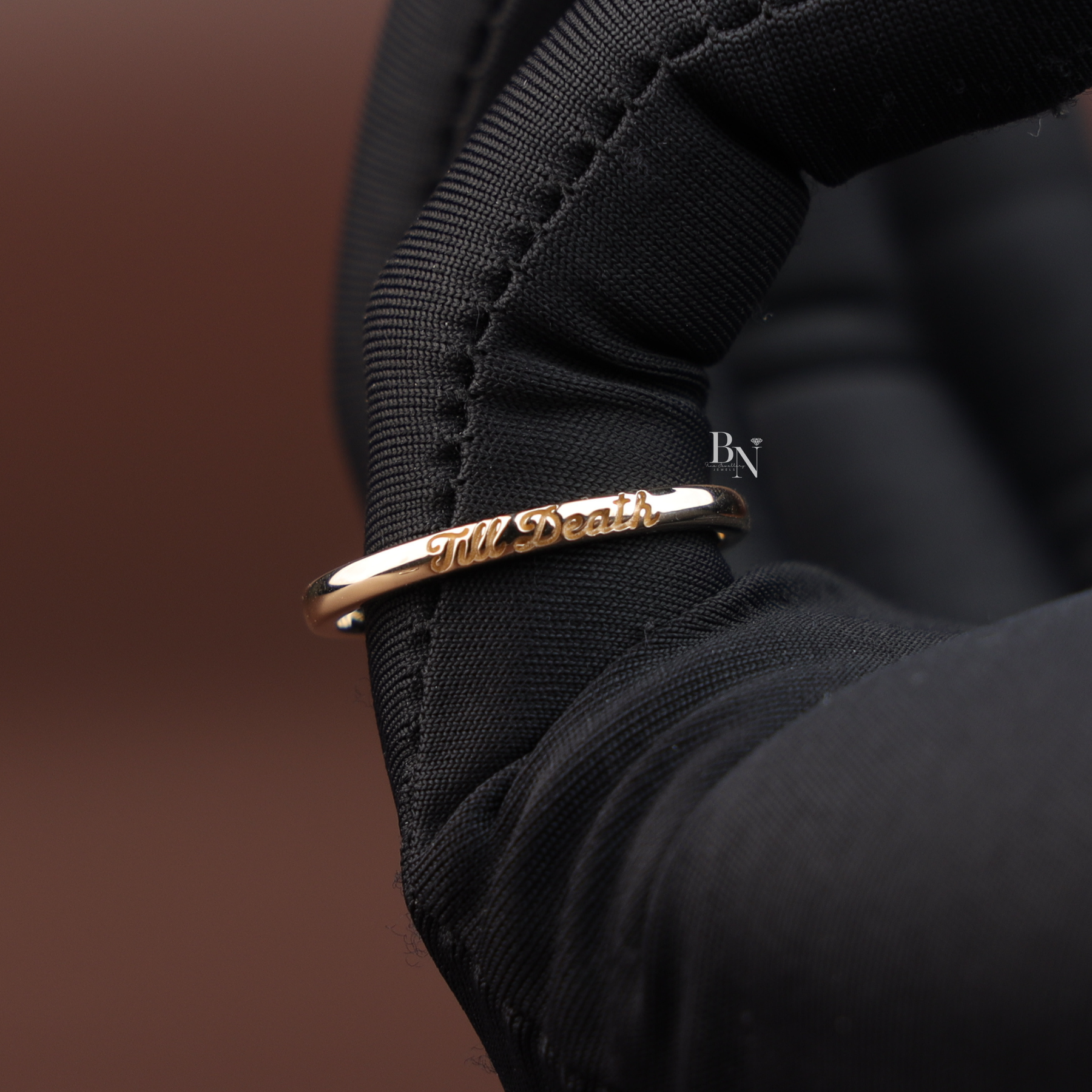 Till Death Wedding Band Set, 14K Gold Couple Rings, Matching Engraved Bands, Script Wedding Ring Set