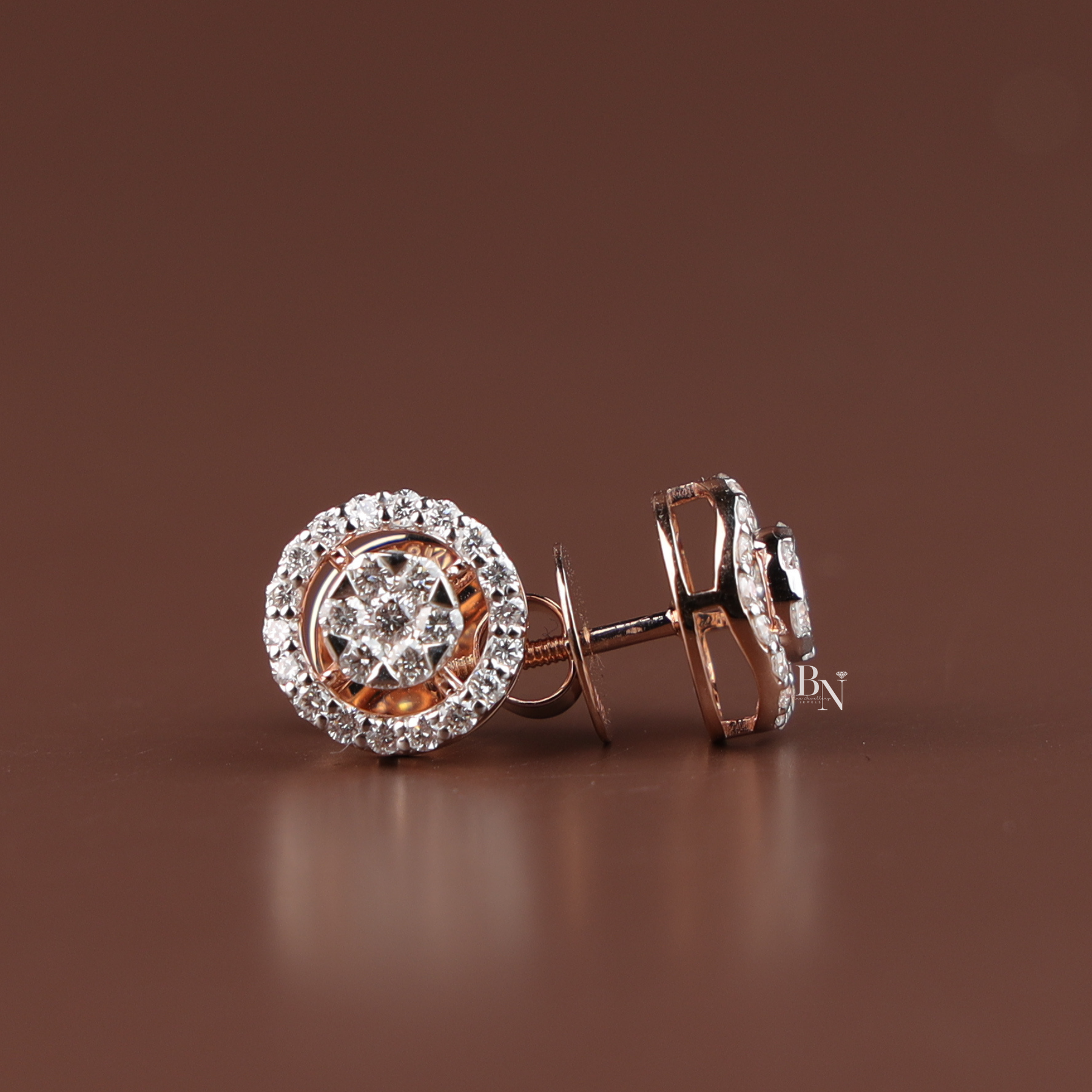 Lab Grown Diamond Stud Earrings, Round Cluster Halo Studs, Rose Gold Screw Back Earrings