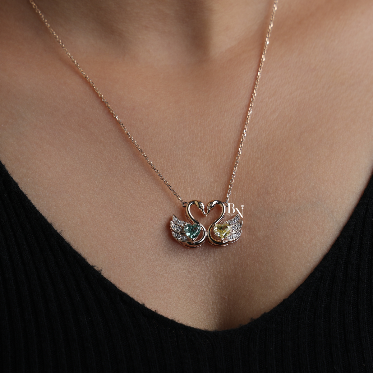 Fancy Green and Yellow Lab Grown Diamond Swan Pendant Necklace, Two Stone Heart Swan Pendant for Women