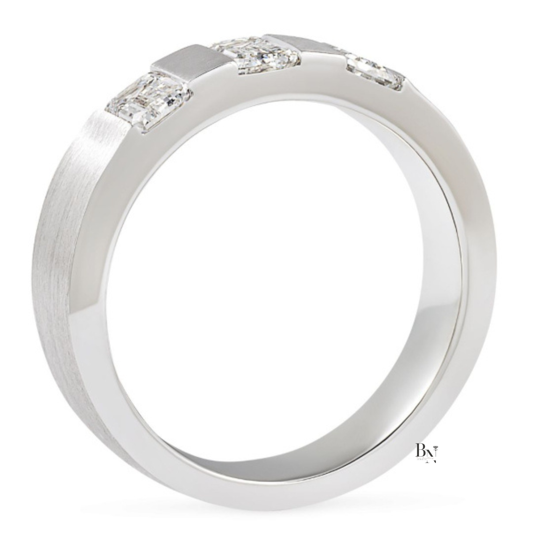 Mens Emerald Cut Lab Diamond Wedding Band, 1.30 CTW 3 Stone Matte Gold Ring, 5.6mm