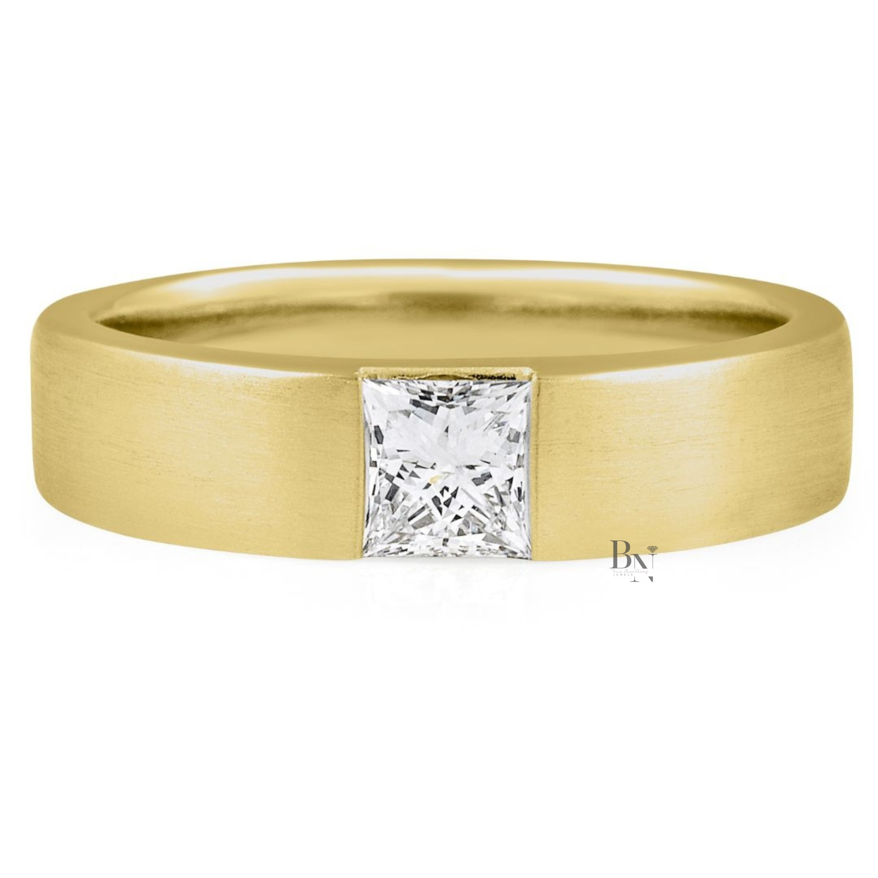 14K Gold Mens Lab Diamond Wedding Band, Matte Princess Cut Flush Set Ring, 5.2mm Minimalist Anniversary Band