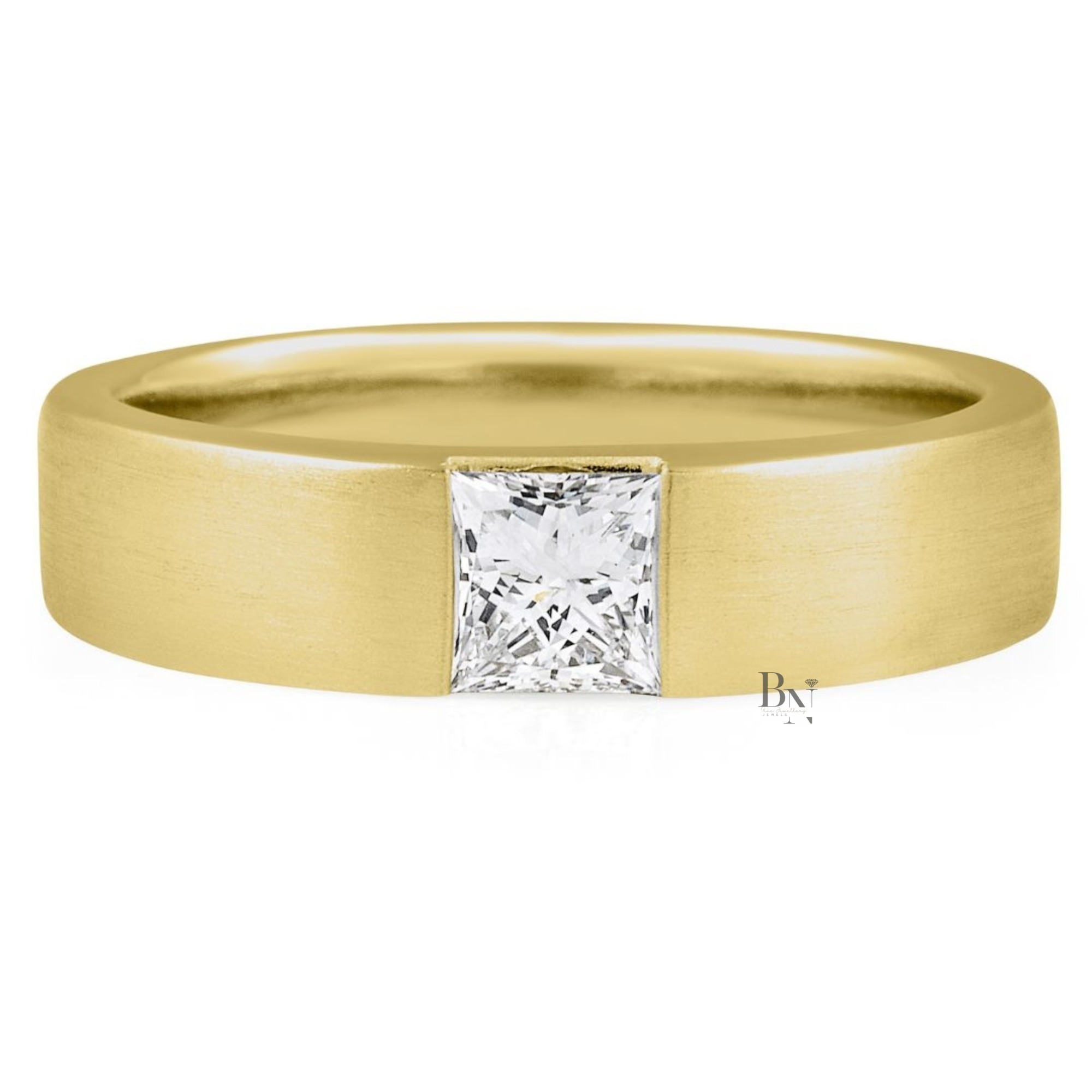 14K Gold Mens Lab Diamond Wedding Band, Matte Princess Cut Flush Set Ring, 5.2mm Minimalist Anniversary Band