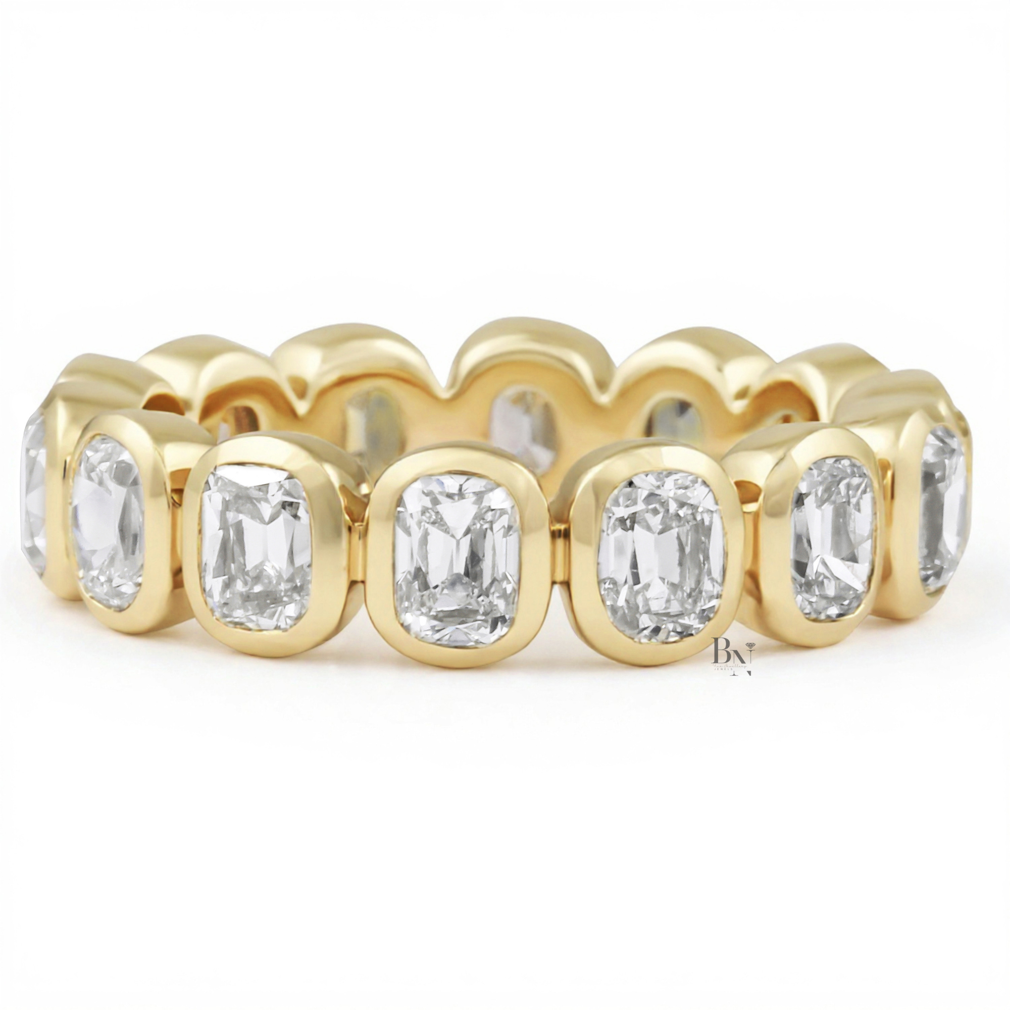 3.65ct Antique Cushion Cut Eternity Band, Bezel Set Lab Diamond Wedding Ring, 5.1mm Wide