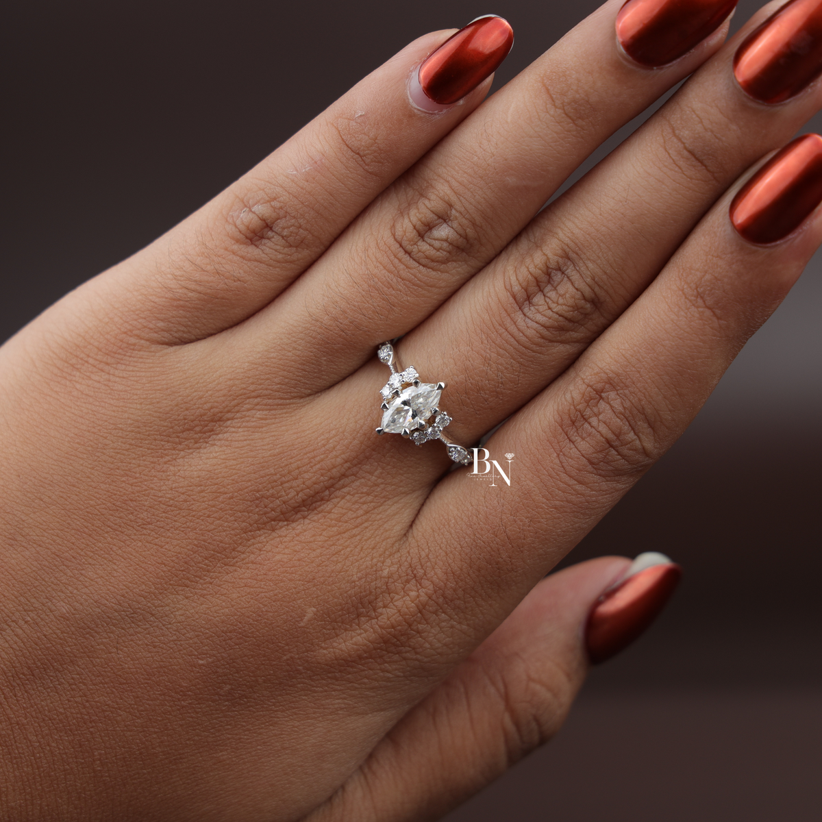 1.1ct Marquise Lab Grown Diamond Engagement Ring, Vintage Inspired Cluster Ring, Milgrain Diamond Ring