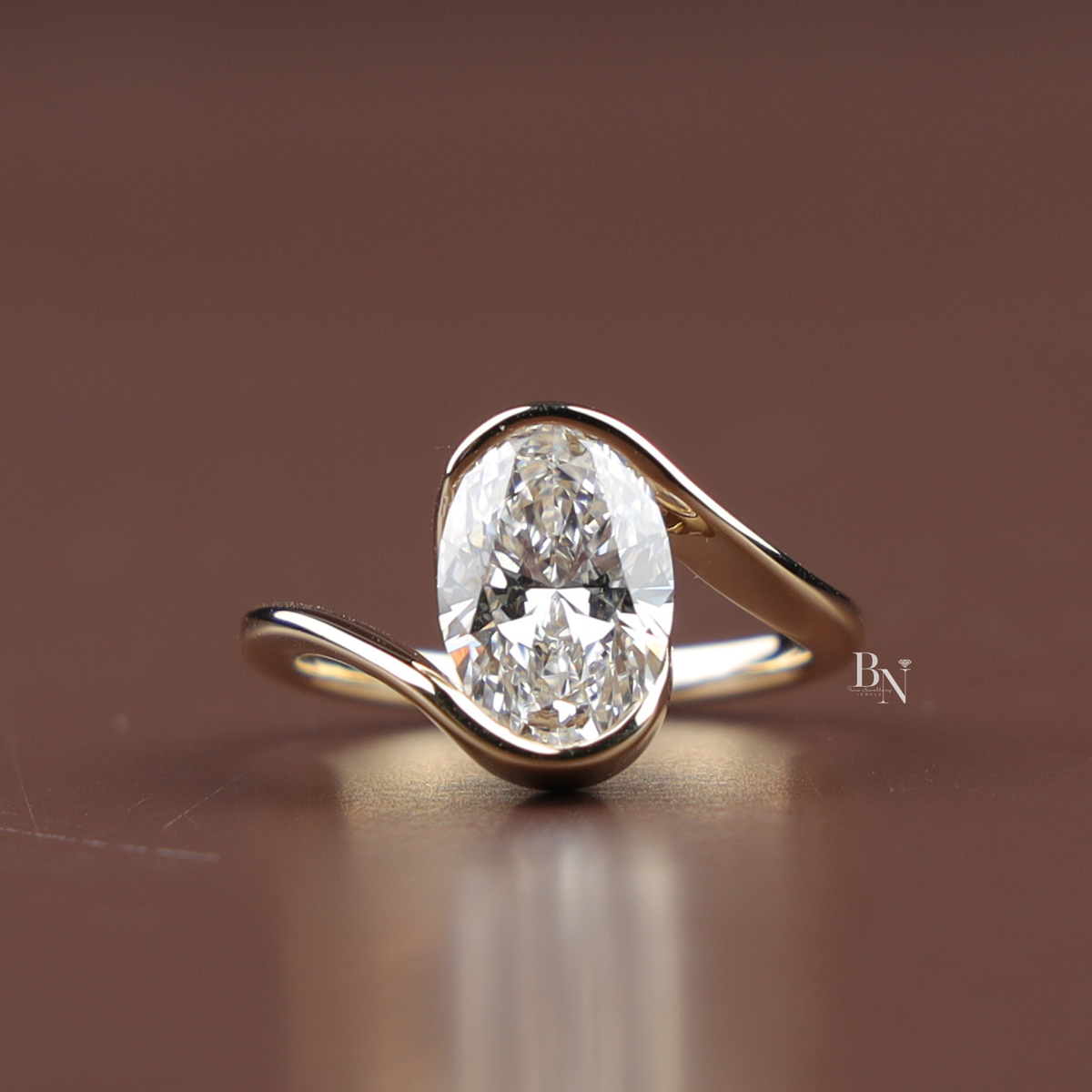 Oval Cut Lab Grown Diamond Ring, Bezel Set Modern Solitaire, Asymmetric Bypass Ring, 2ct