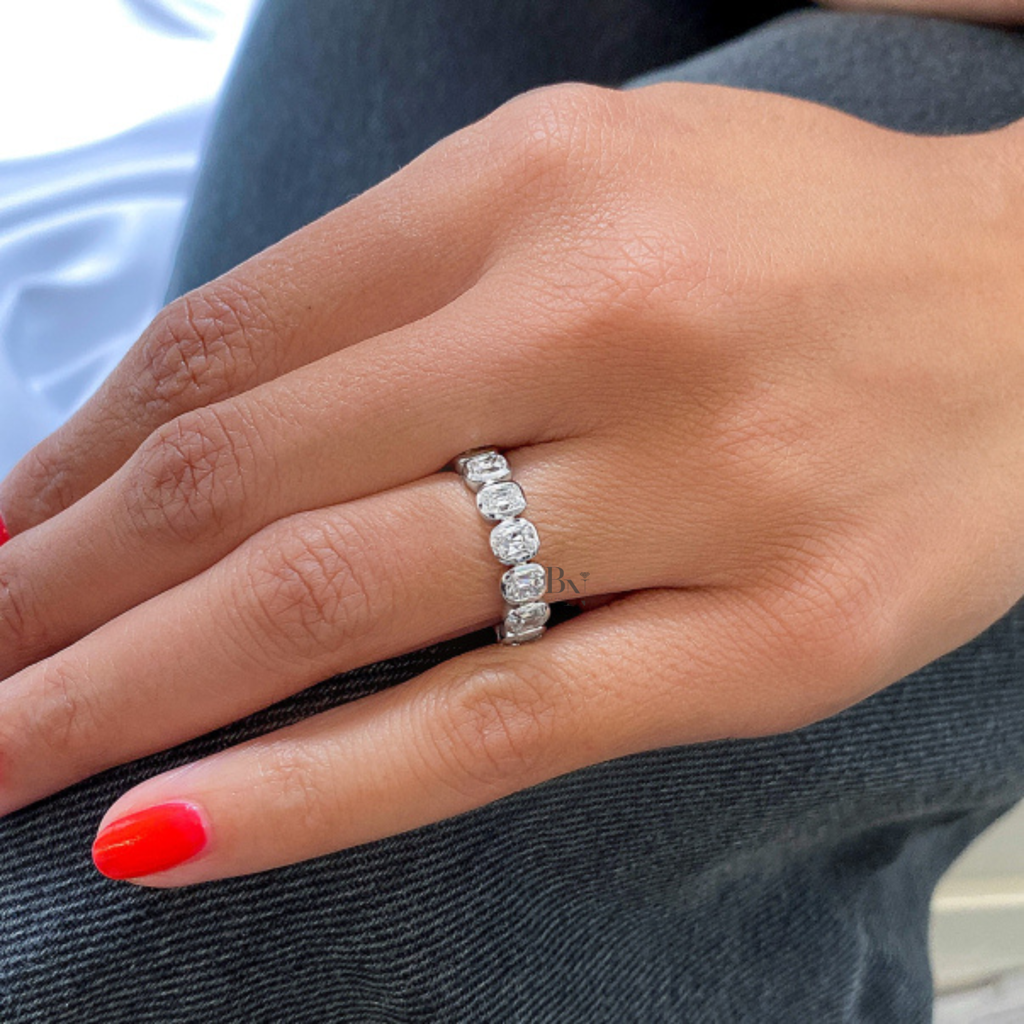 3.65ct Antique Cushion Cut Eternity Band, Bezel Set Lab Diamond Wedding Ring, 5.1mm Wide