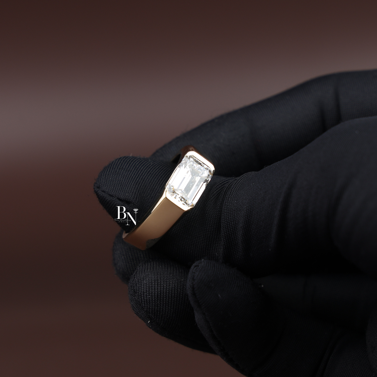 2.5ct Emerald Cut Lab Diamond Men's Ring, Bezel Set Gold Engagement Ring for Him