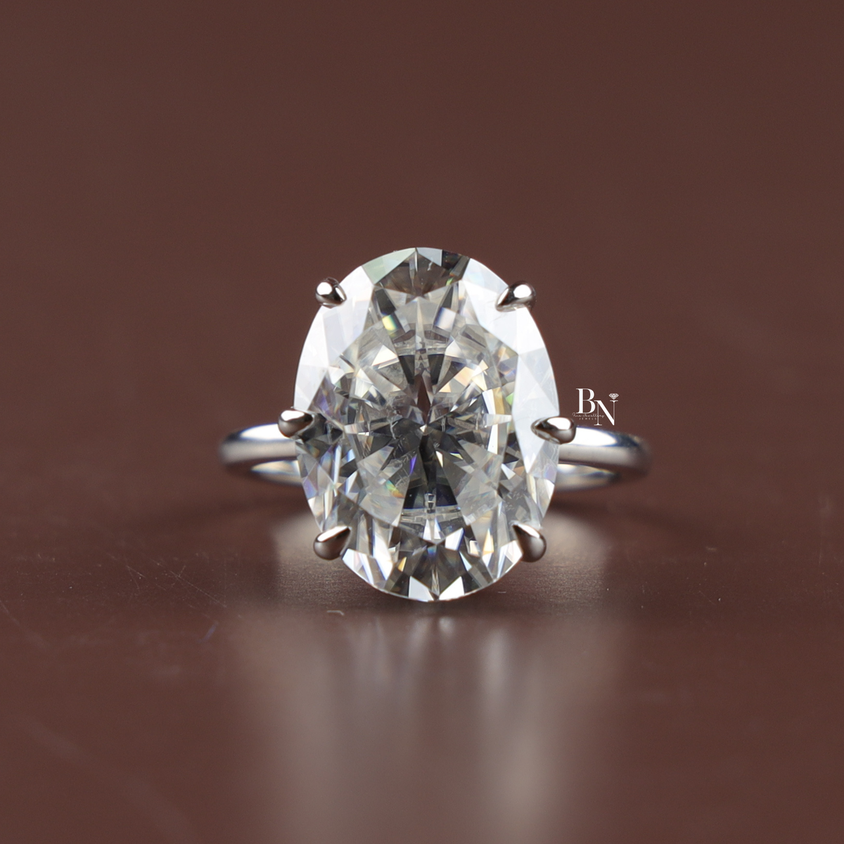 10 Carat Oval Moissanite Engagement Ring, Hidden Halo Solitaire, 6 Prong White Gold Ring
