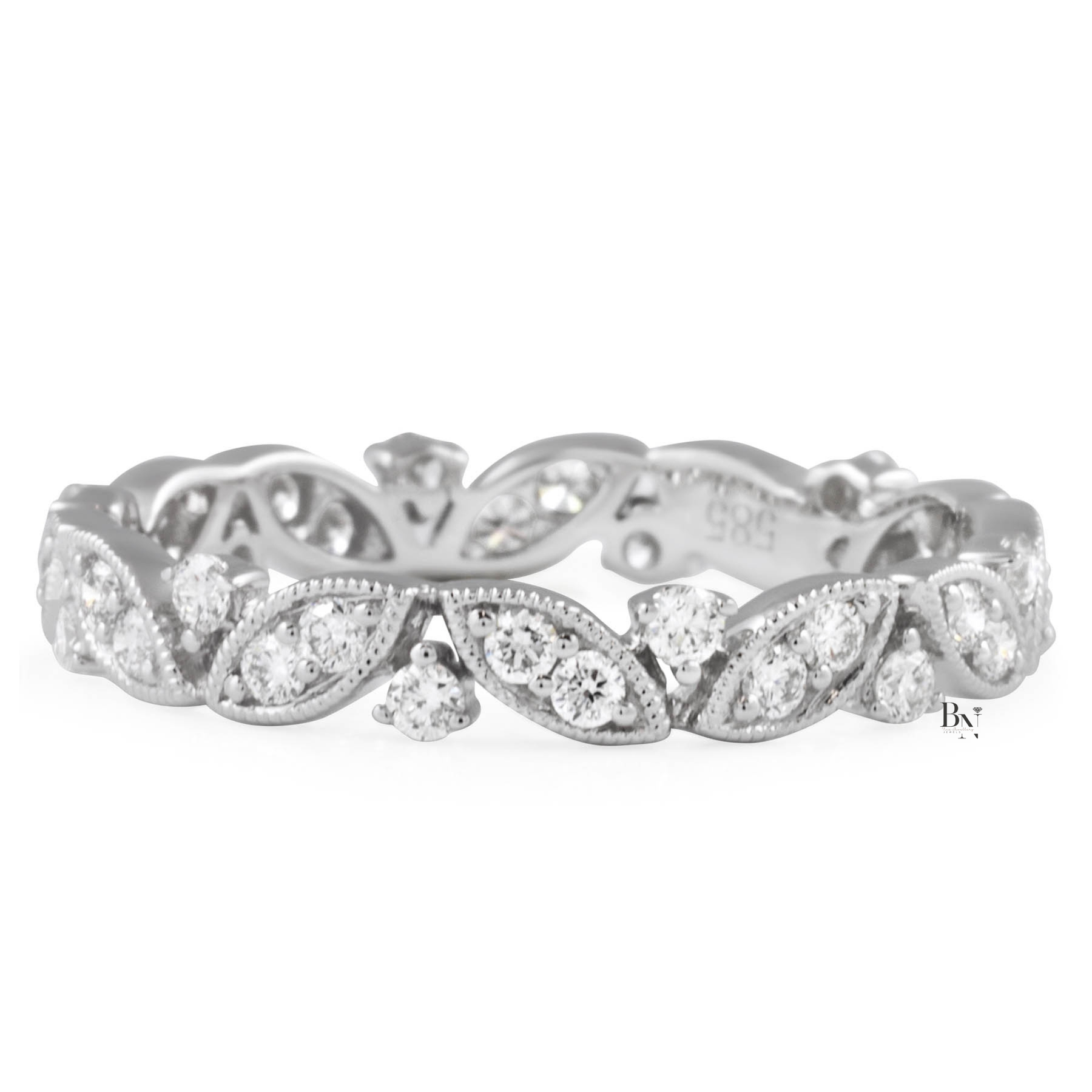 Vintage Floral Lab Diamond Wedding Band, 14K Gold Milgrain Eternity Ring, 0.40 CTW Round Cut