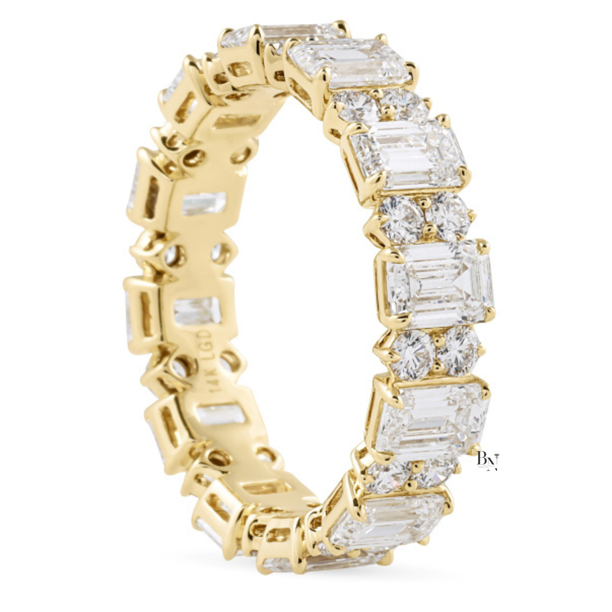 Emerald and Round Lab Grown Diamond Eternity Band, 14K Gold Alternating Cluster Wedding Ring, 3.70 CTW