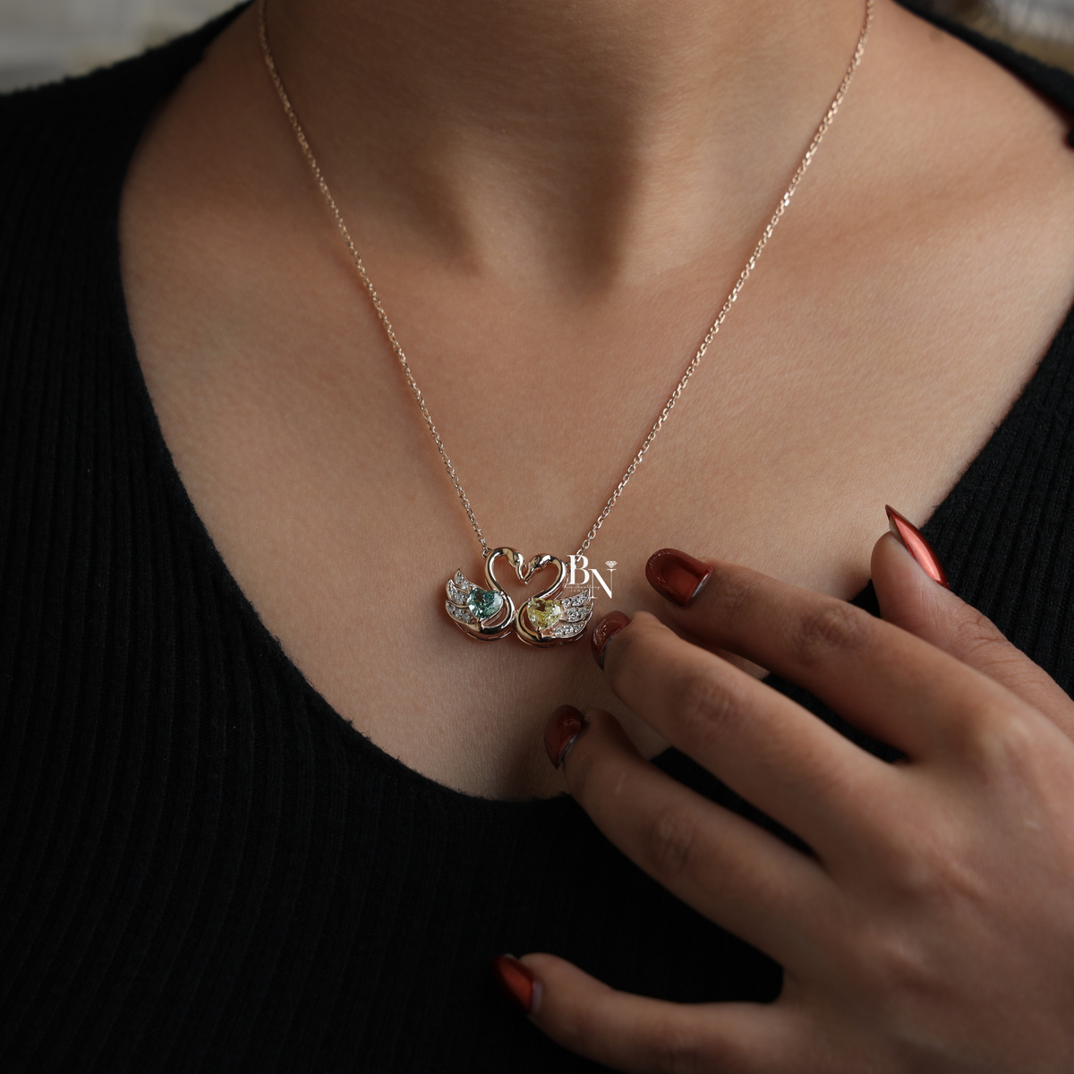 Fancy Green and Yellow Lab Grown Diamond Swan Pendant Necklace, Two Stone Heart Swan Pendant for Women