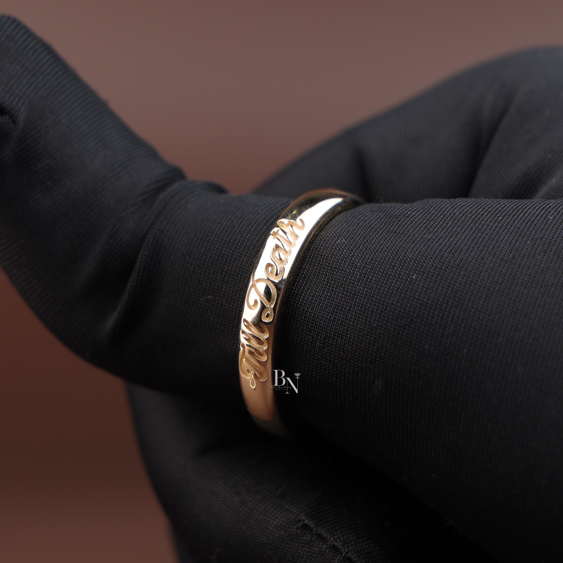 Till Death Wedding Band Set, 14K Gold Couple Rings, Matching Engraved Bands, Script Wedding Ring Set
