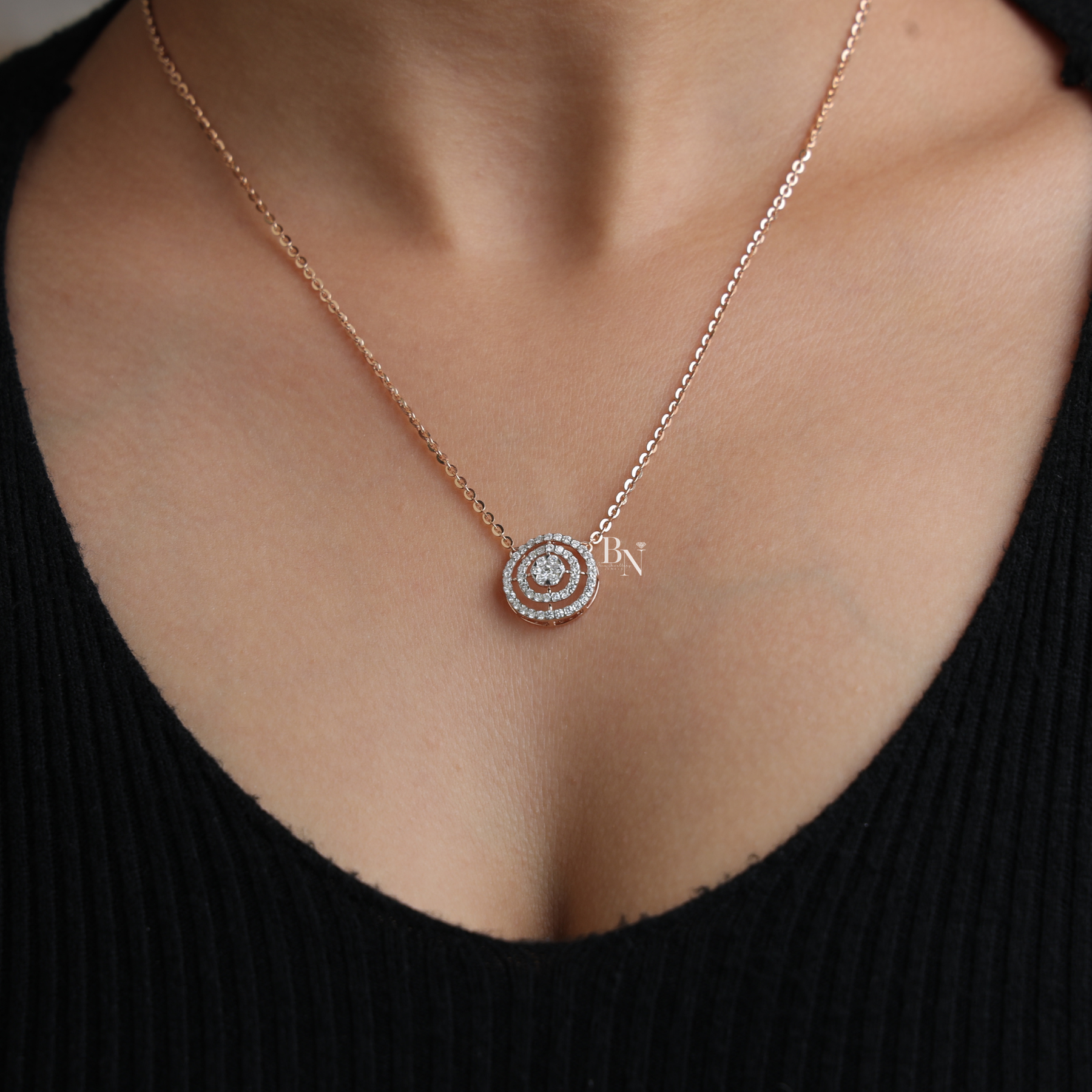 1 CTW Lab Grown Diamond Necklace, Round Double Halo Circle Pendant, Rose Gold