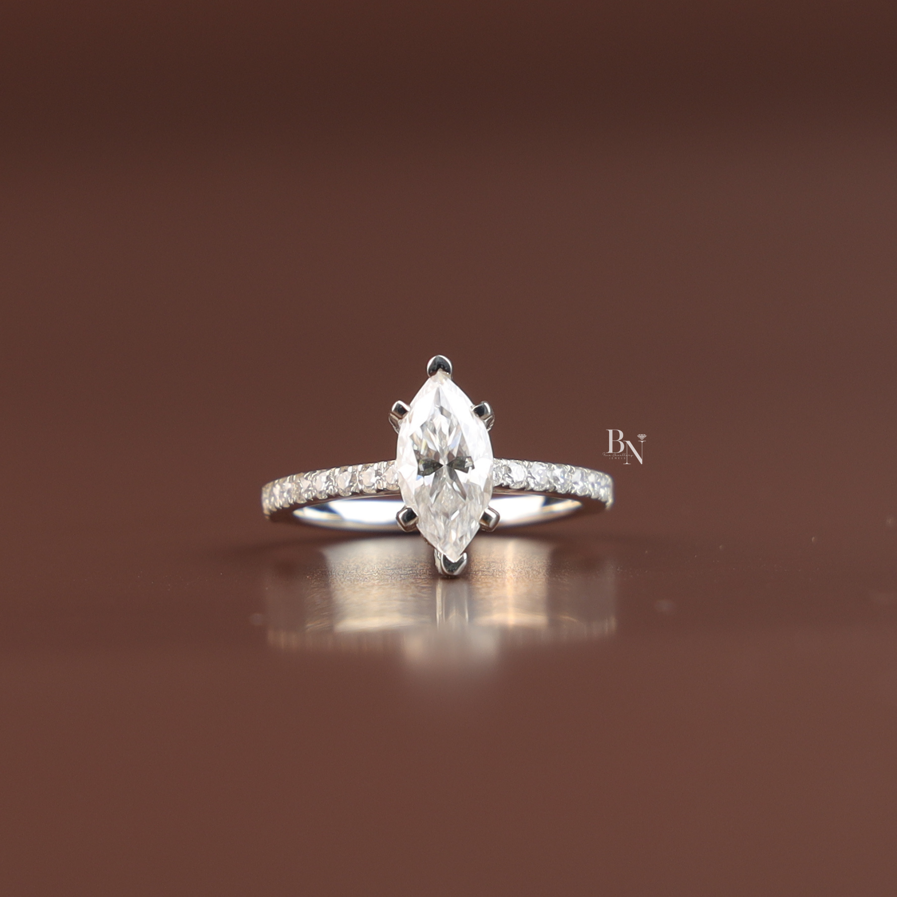 1ct Marquise Lab Diamond Engagement Ring, Hidden Halo Marquise Ring, Slender Pave Band