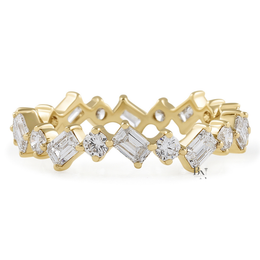 Angled view of a 14K yellow gold eternity band featuring a zig-zag pattern of alternating emerald-cut and round brilliant lab-grown diamonds.