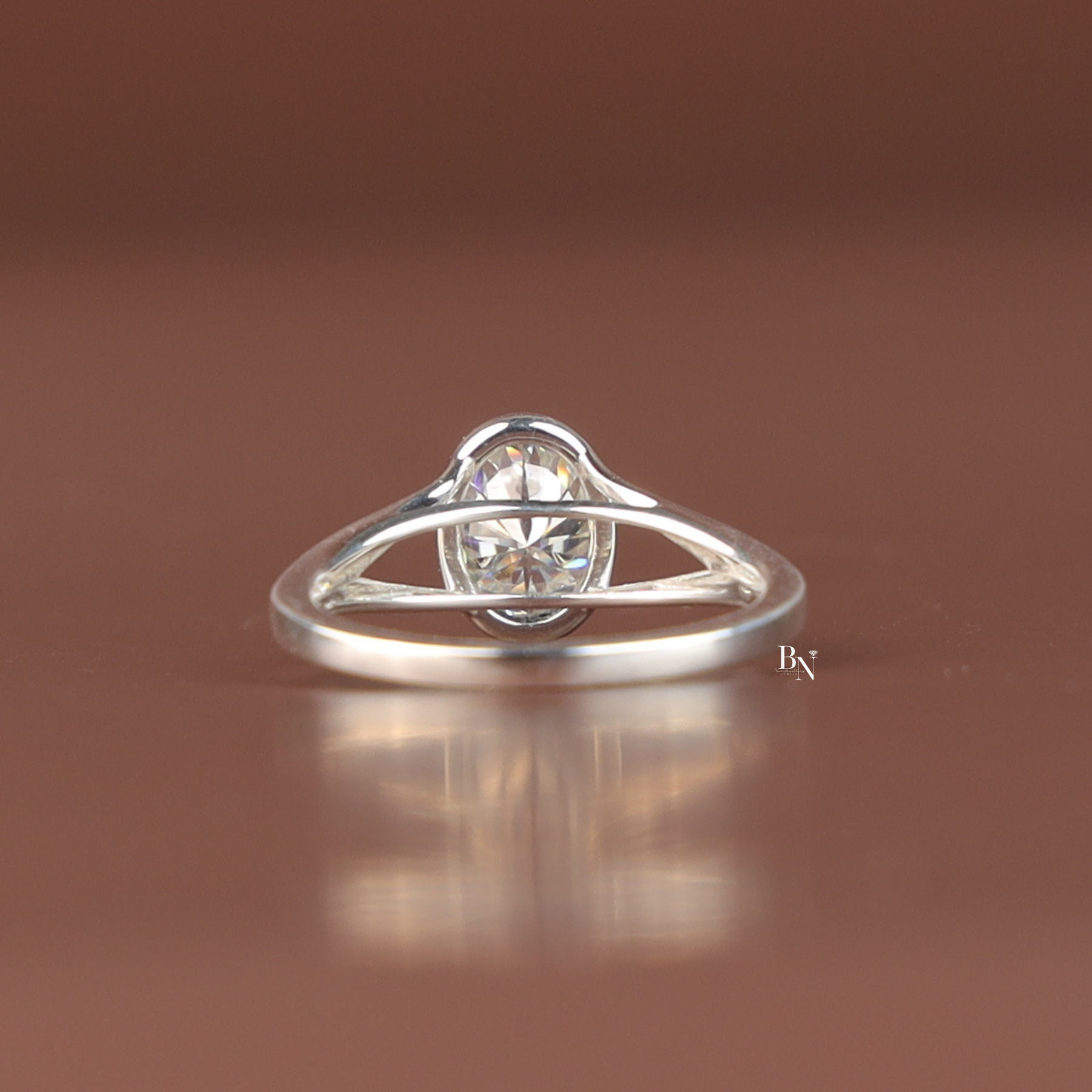1 Ct Oval Lab Diamond Engagement Ring, Bezel Set Split Shank Solitaire Ring, White Gold Tone
