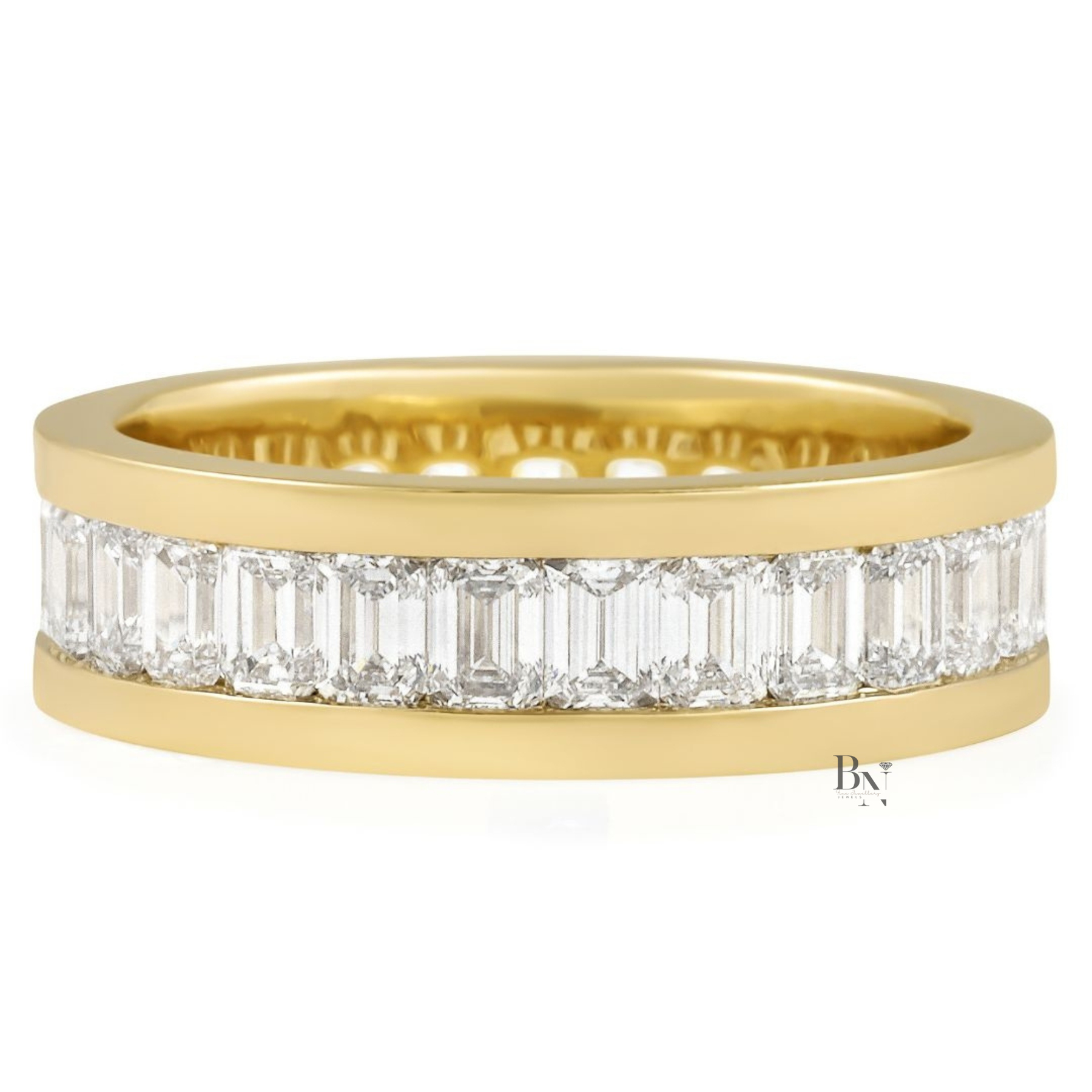 Mens Diamond Wedding Band, 3.90CT Emerald Cut Lab Grown Eternity Ring, 14K Gold Channel Set Band, 6.5mm Wide