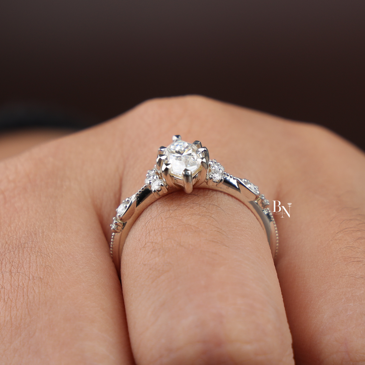 1.1ct Marquise Lab Grown Diamond Engagement Ring, Vintage Inspired Cluster Ring, Milgrain Diamond Ring
