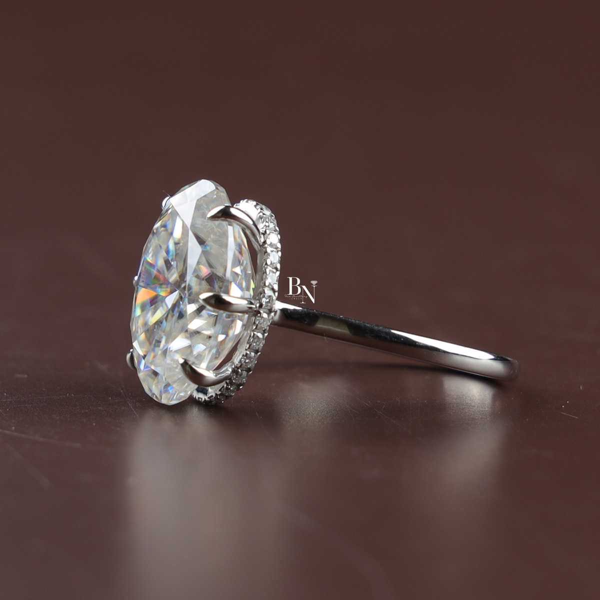 10 Carat Oval Moissanite Engagement Ring, Hidden Halo Solitaire, 6 Prong White Gold Ring