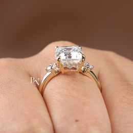 5ct Emerald Cut Moissanite Engagement Ring, 3 Stone Yellow Gold Ring, Hidden Halo Anniversary Ring