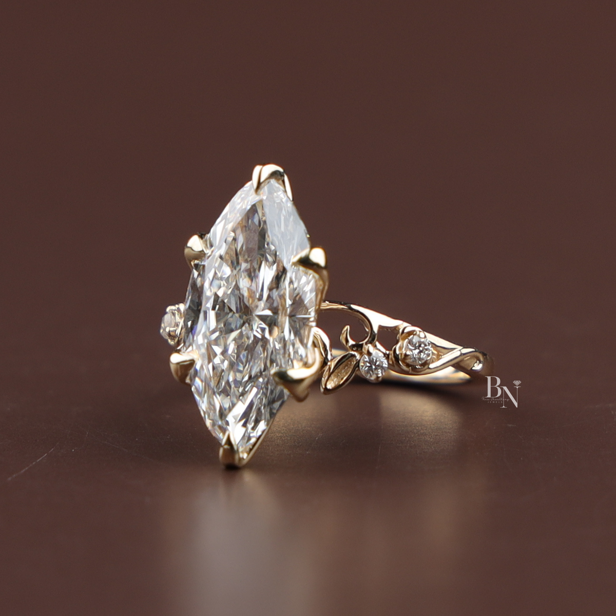Vintage Inspired, 3ct Marquise Lab Grown Diamond Ring, Unique Yellow Gold Engagement Ring