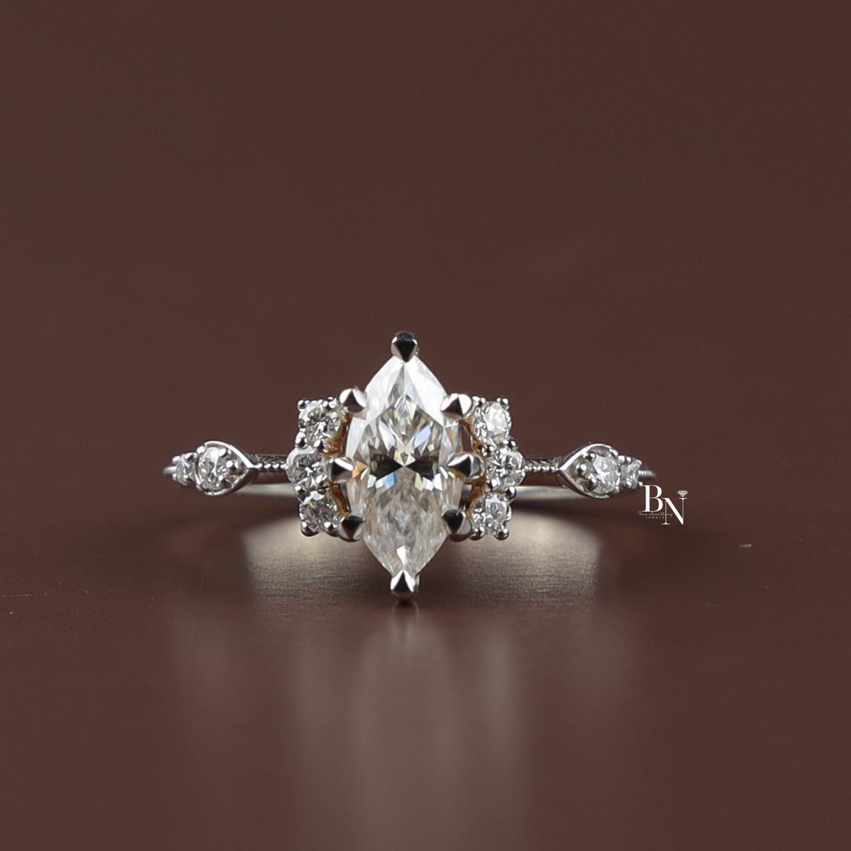 1.1ct Marquise Lab Grown Diamond Engagement Ring, Vintage Inspired Cluster Ring, Milgrain Diamond Ring