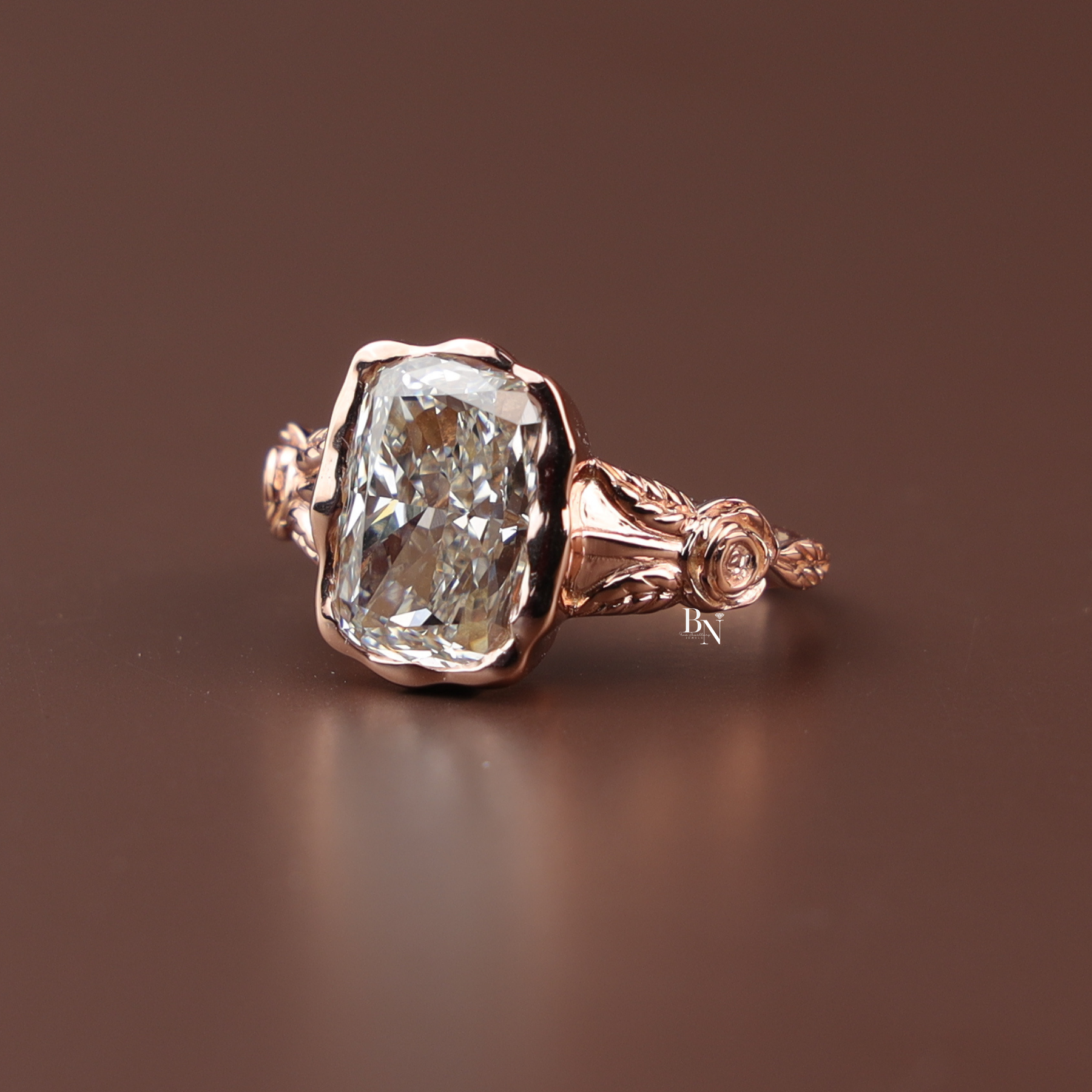 4ct Elongated Cushion Cut Lab Grown Diamond Engagement Ring, Floral Bezel Set Nature Inspired Ring