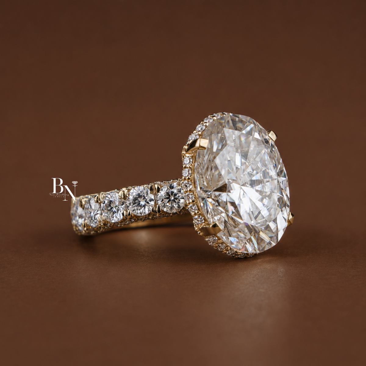 9 Carat Oval Moissanite Engagement Ring, Hidden Halo Pave Band, Large Solitaire Bridal Ring