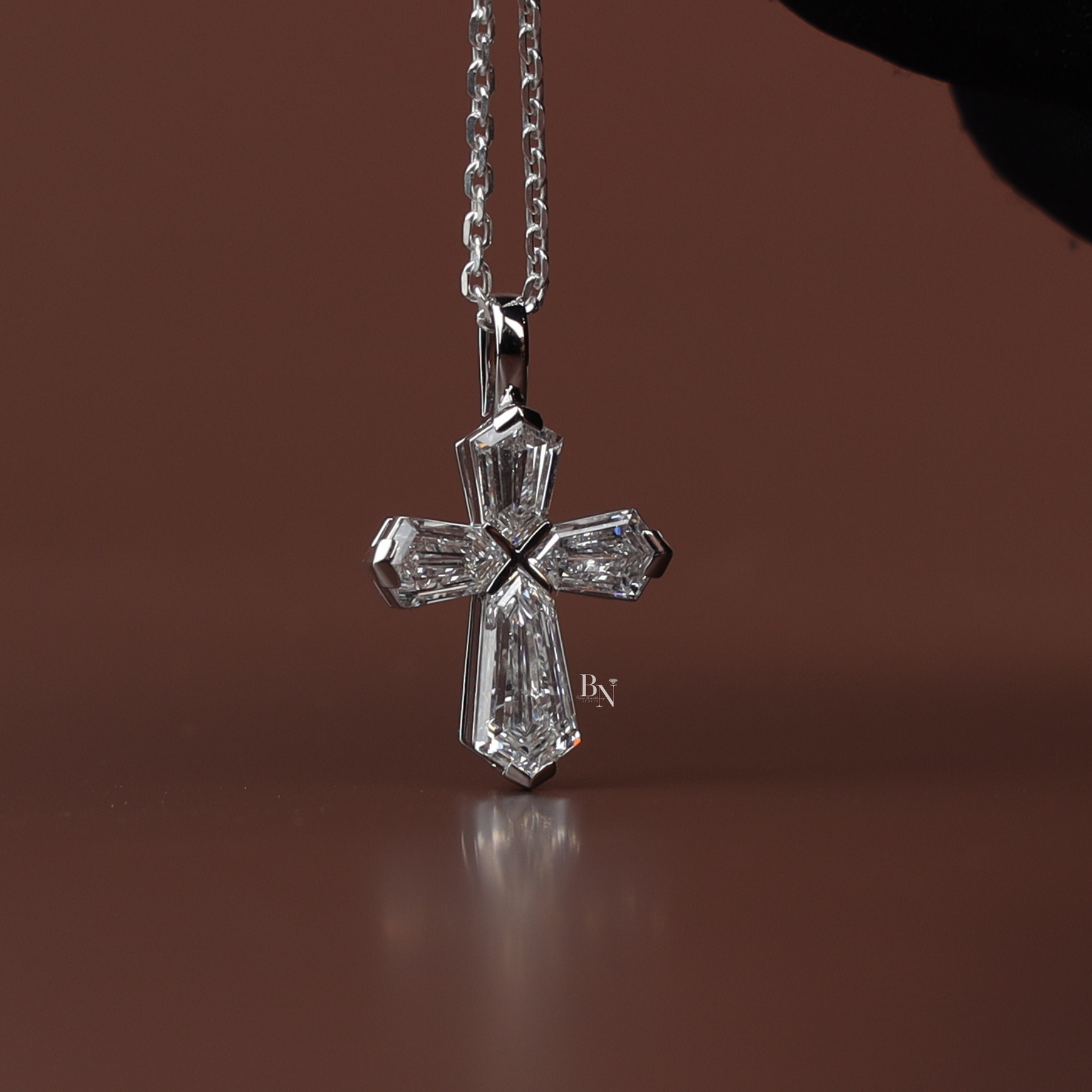 Lab Grown Diamond Cross Necklace, Coffin Cut Diamond Pendant, 14K White Gold Cross, Dainty Religious