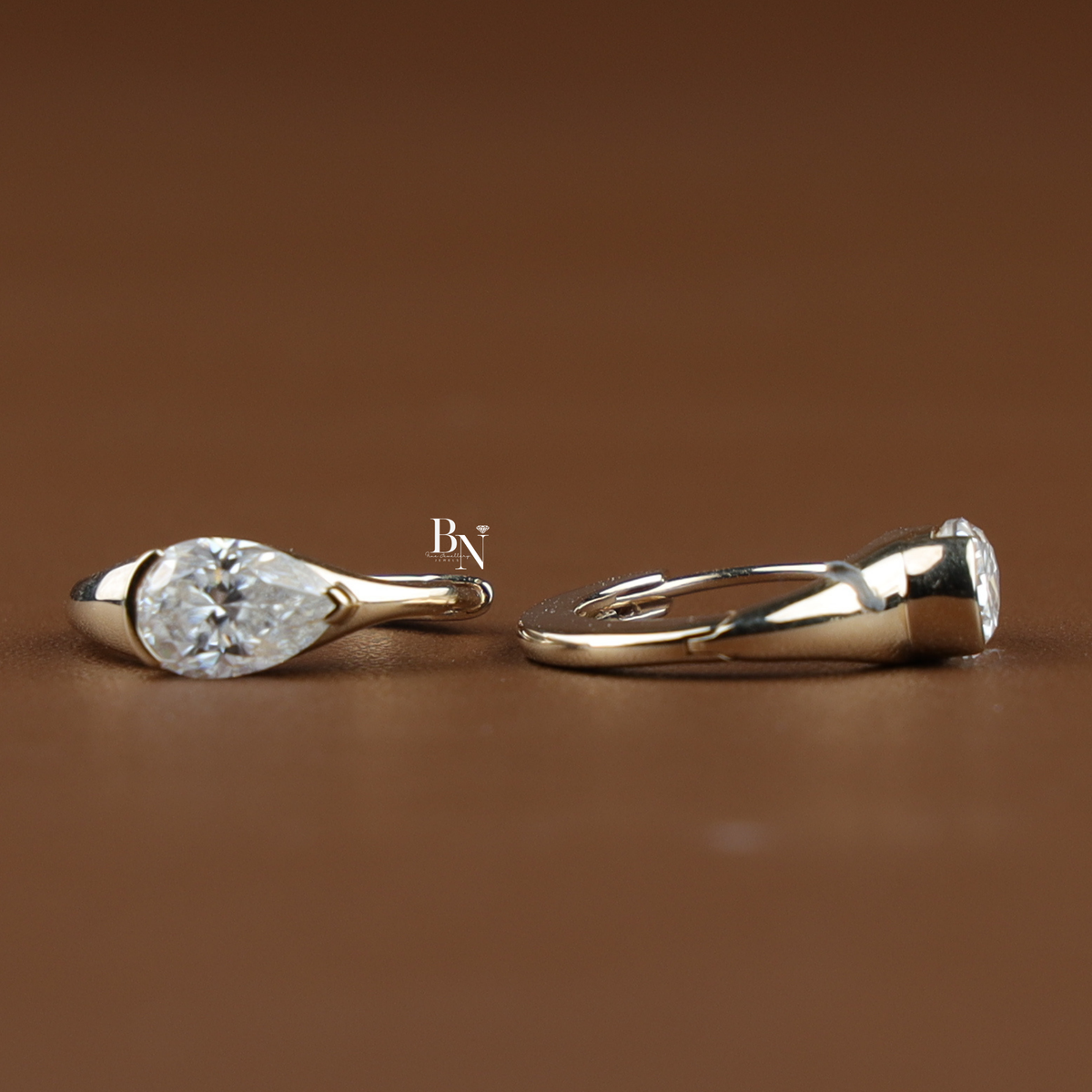 Pear Cut Lab Grown Diamond Huggie Earrings, Minimalist Solitaire Hoop Earrings, Half Bezel Diamond Hoops