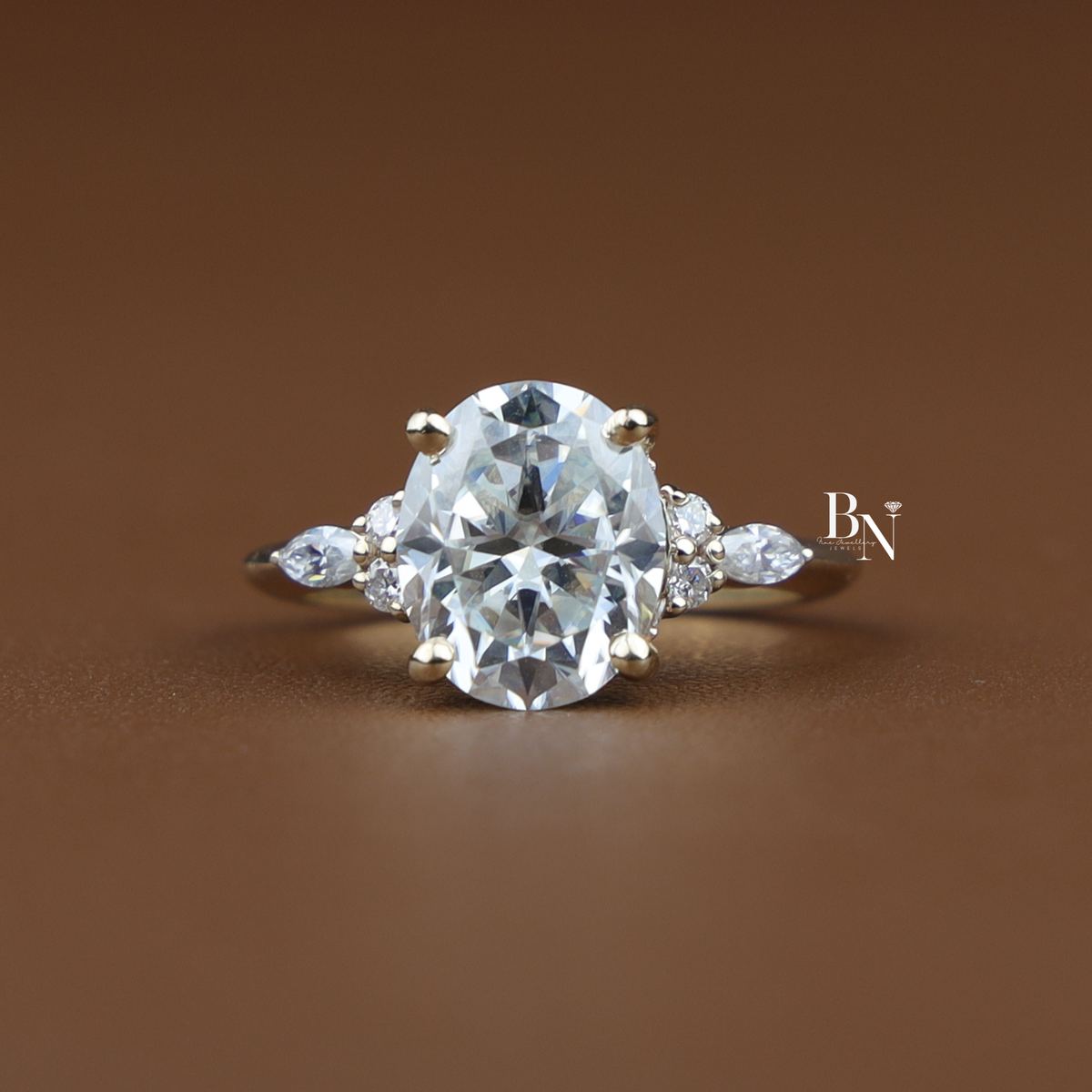 3ct Oval Lab Grown Diamond Engagement Ring, Hidden Halo Oval Ring with Side Stones, Gold Cluster