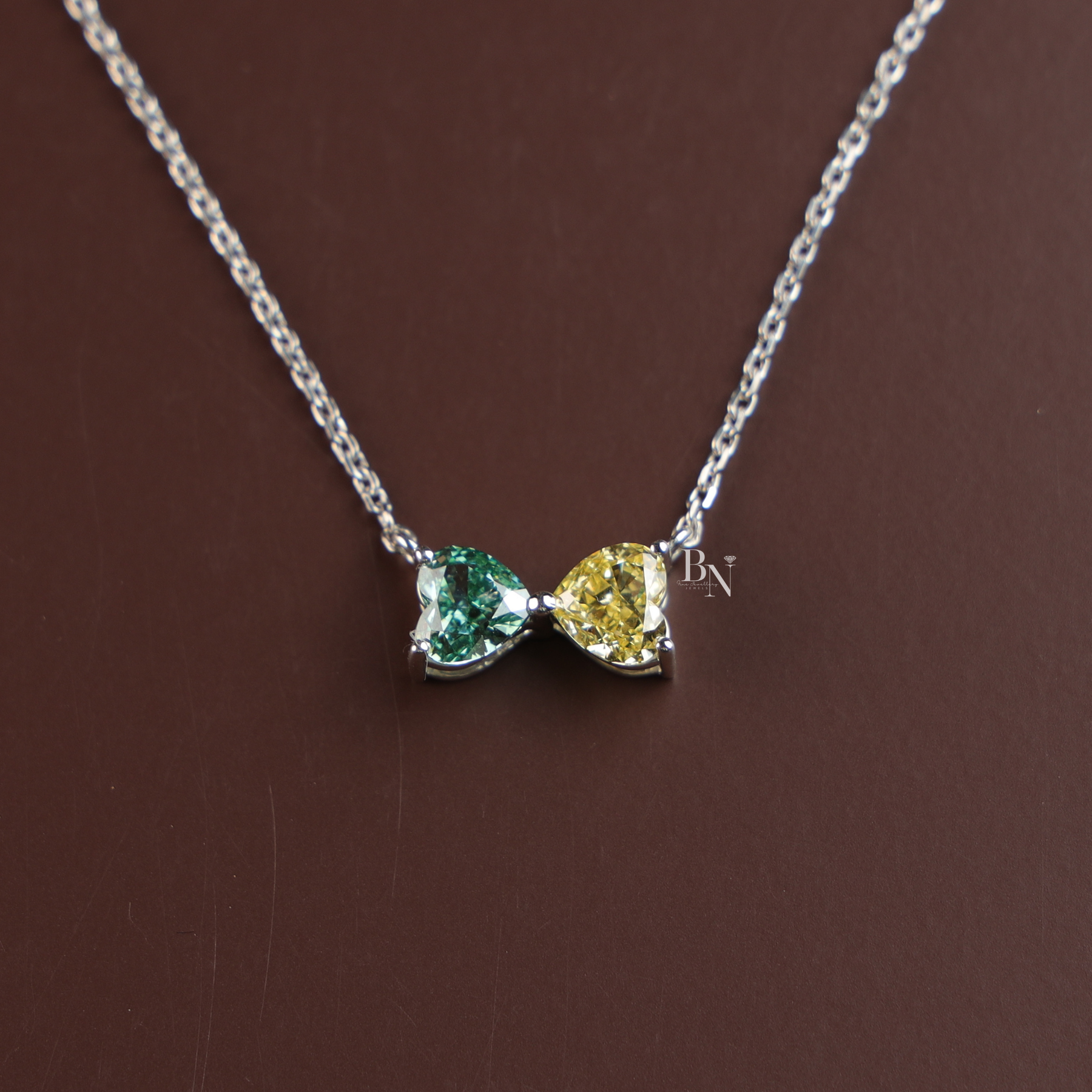 Fancy Color Lab Grown Diamond Necklace, Two Stone Heart Pendant, Green Yellow Toi et Moi Necklace White