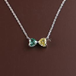 Fancy Color Lab Grown Diamond Necklace, Two Stone Heart Pendant, Green Yellow Toi et Moi Necklace White