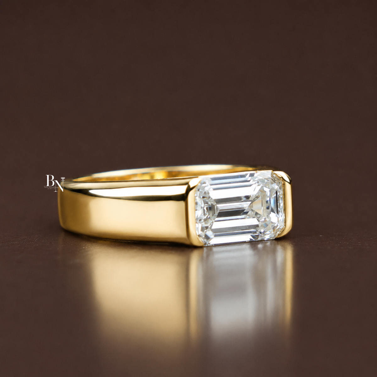 2.5ct Emerald Cut Lab Diamond Men's Ring, Bezel Set Gold Engagement Ring for Him