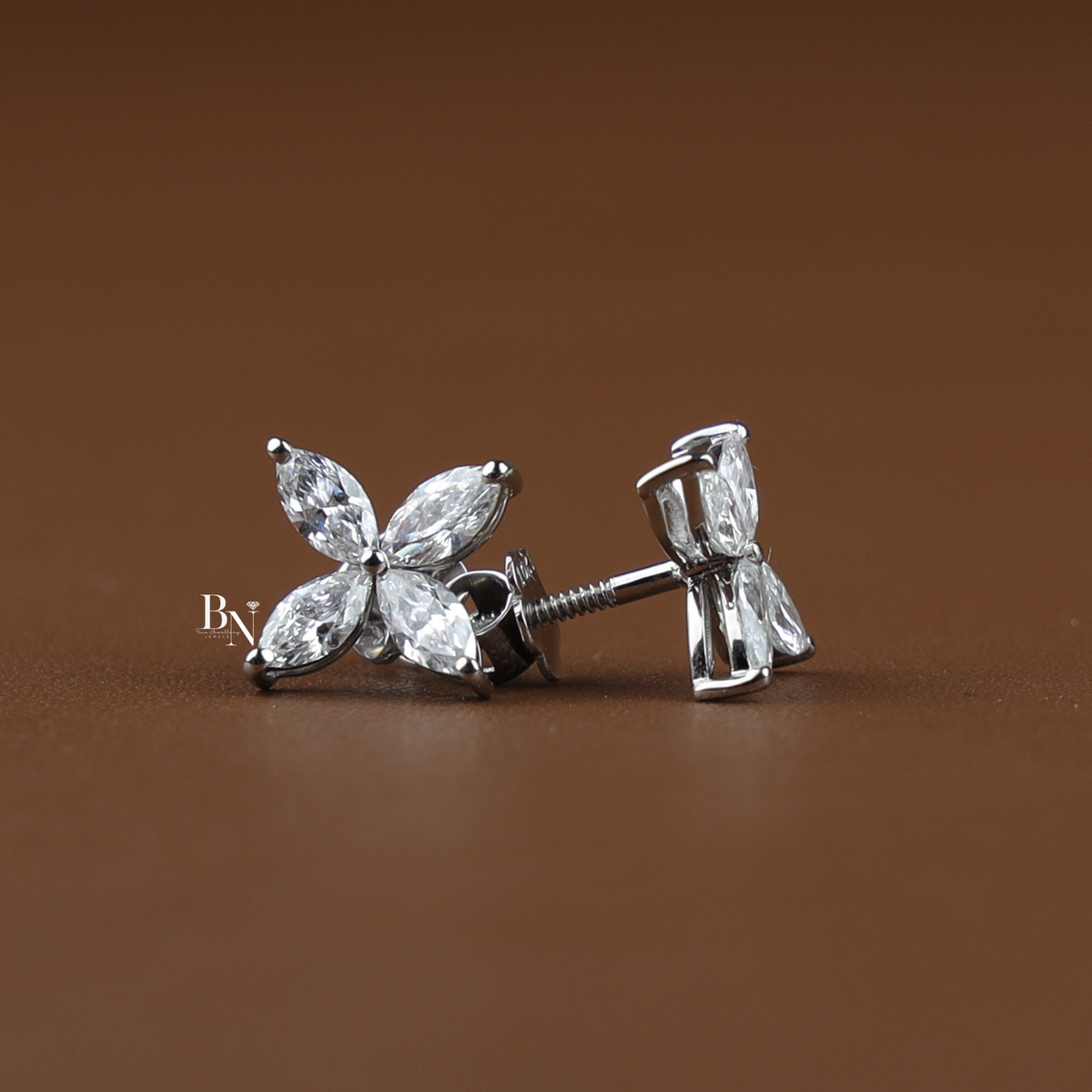 Lab Grown Diamond Flower Stud Earrings, Marquise Cluster Earrings, Screw Back Butterfly Studs
