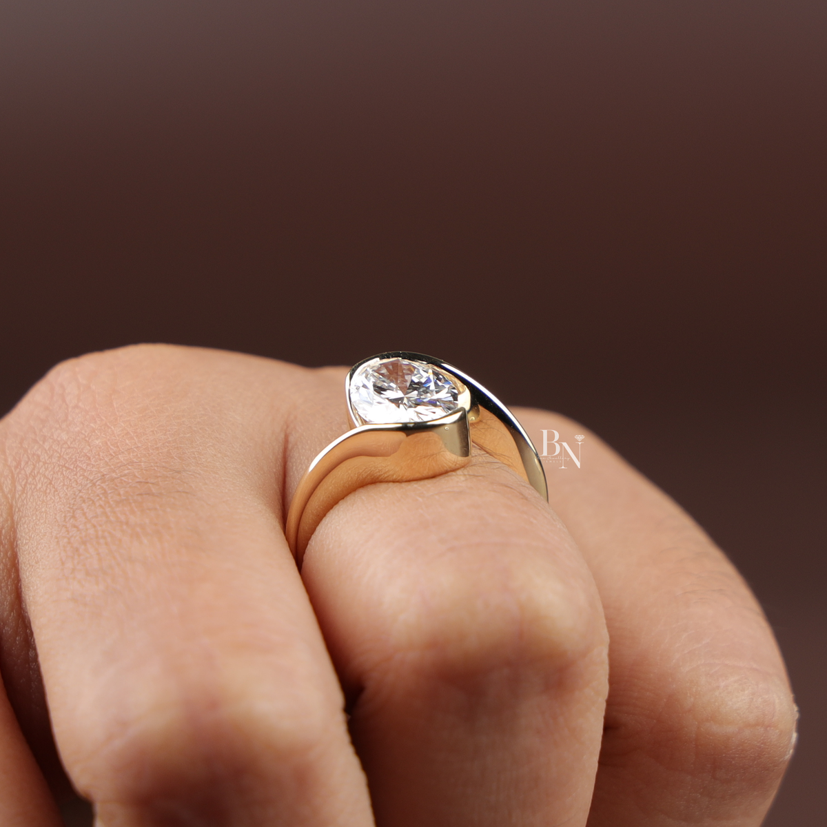 Oval Cut Lab Grown Diamond Ring, Bezel Set Modern Solitaire, Asymmetric Bypass Ring, 2ct