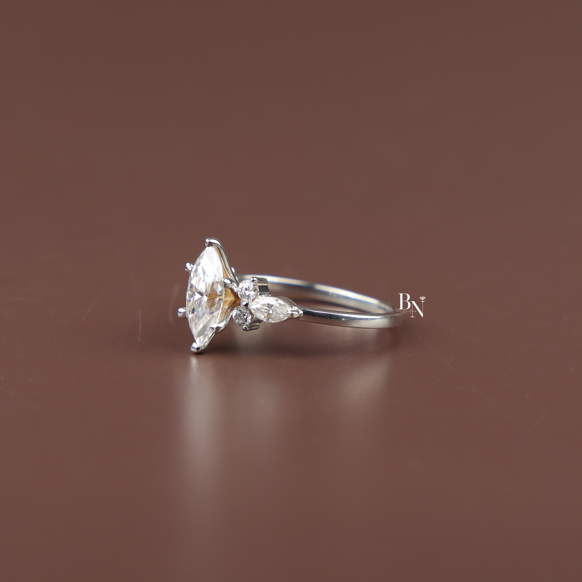 2ct Marquise Lab Grown Diamond Engagement Ring, Cluster Side Stones, V Prong Marquise Ring